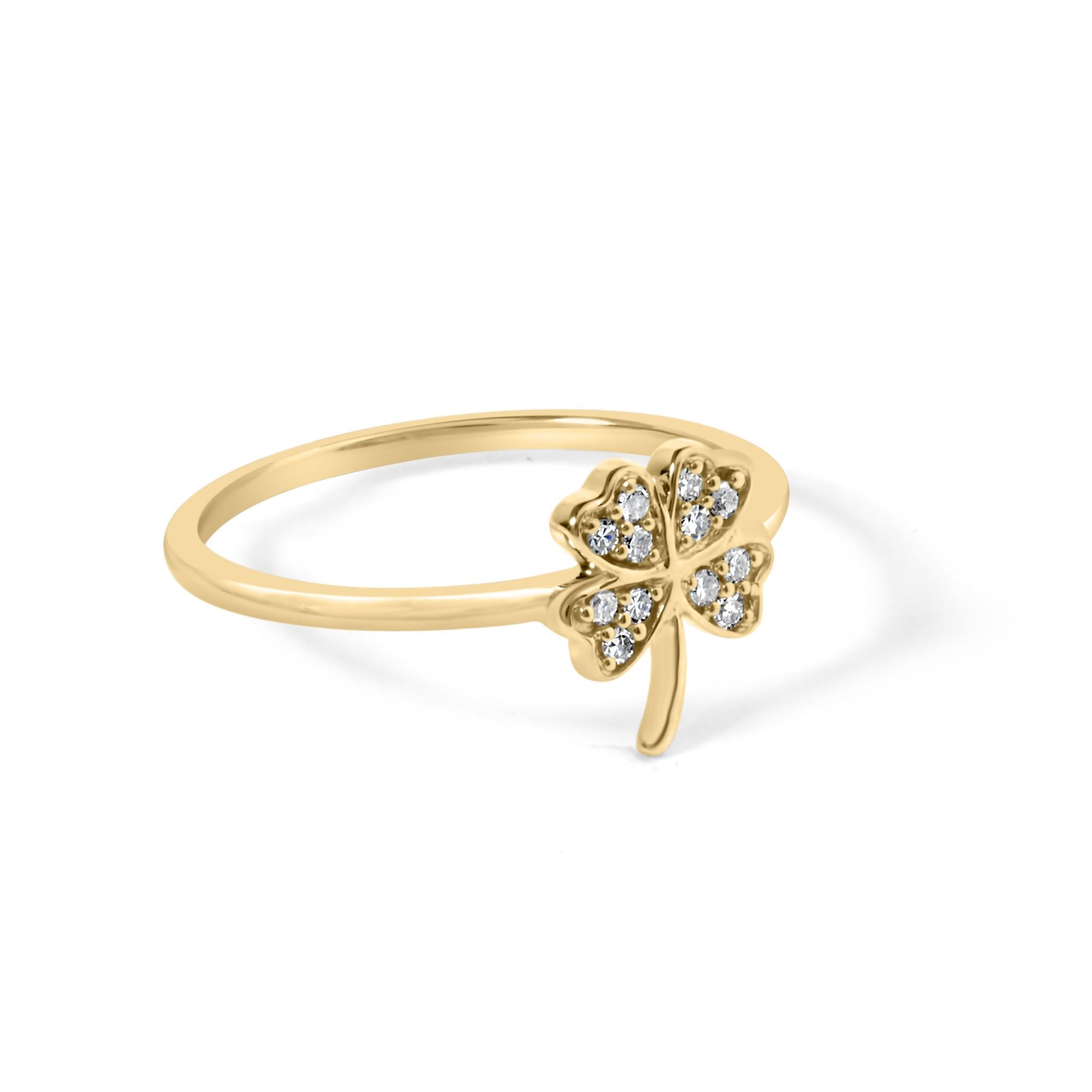 Anillo de trébol de cuatro hojas con detalles de diamantes en oro amarillo de 10 quilates (color HI, claridad I1-I2) - Friggin Jewelry