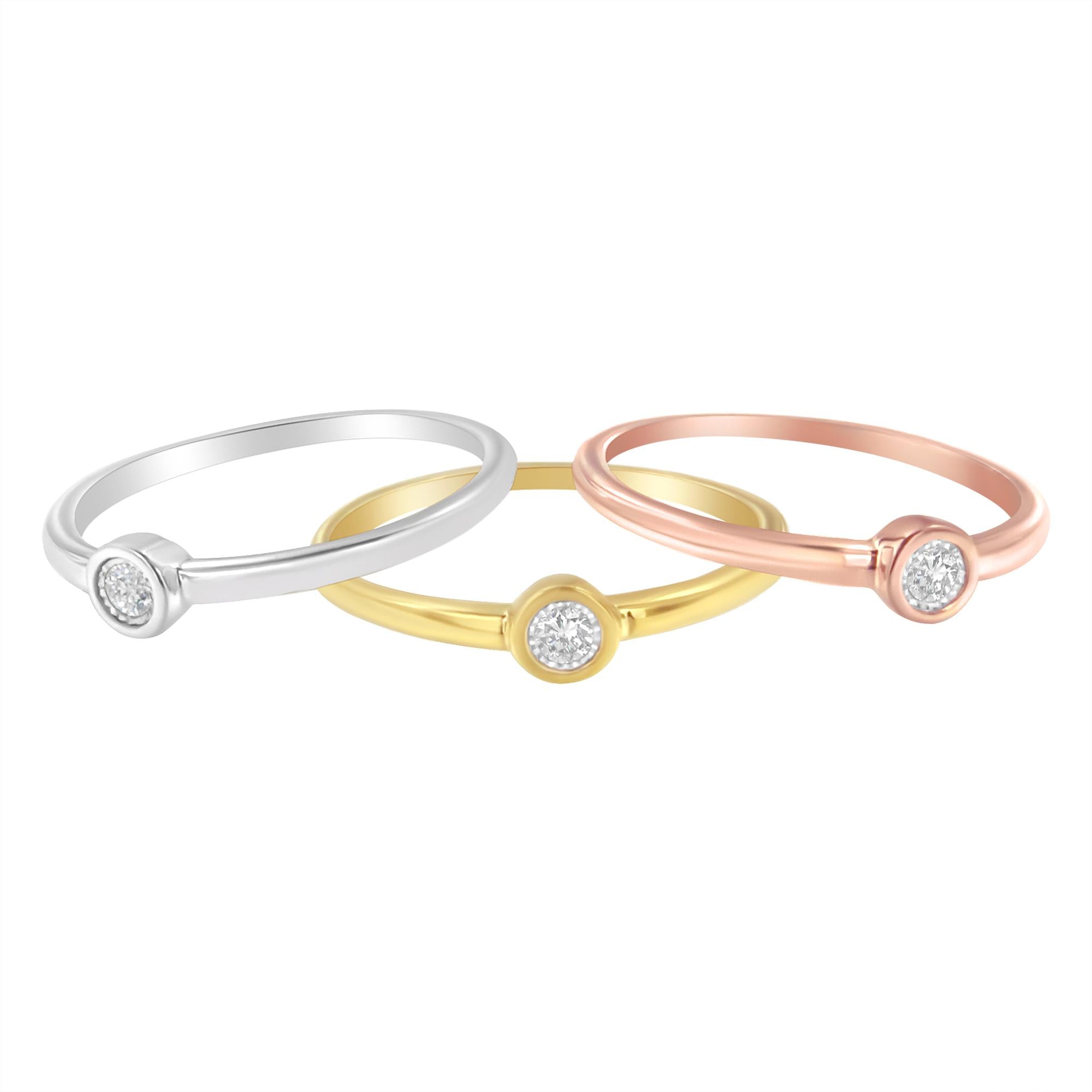 Tri-Color 14K Gold Plated .925 Sterling Silver 1/6 Cttw Round Miracle-Set Diamond Stacking Promise Ring Set (J-K Color, I1-I2 Clarity) - Friggin Jewelry