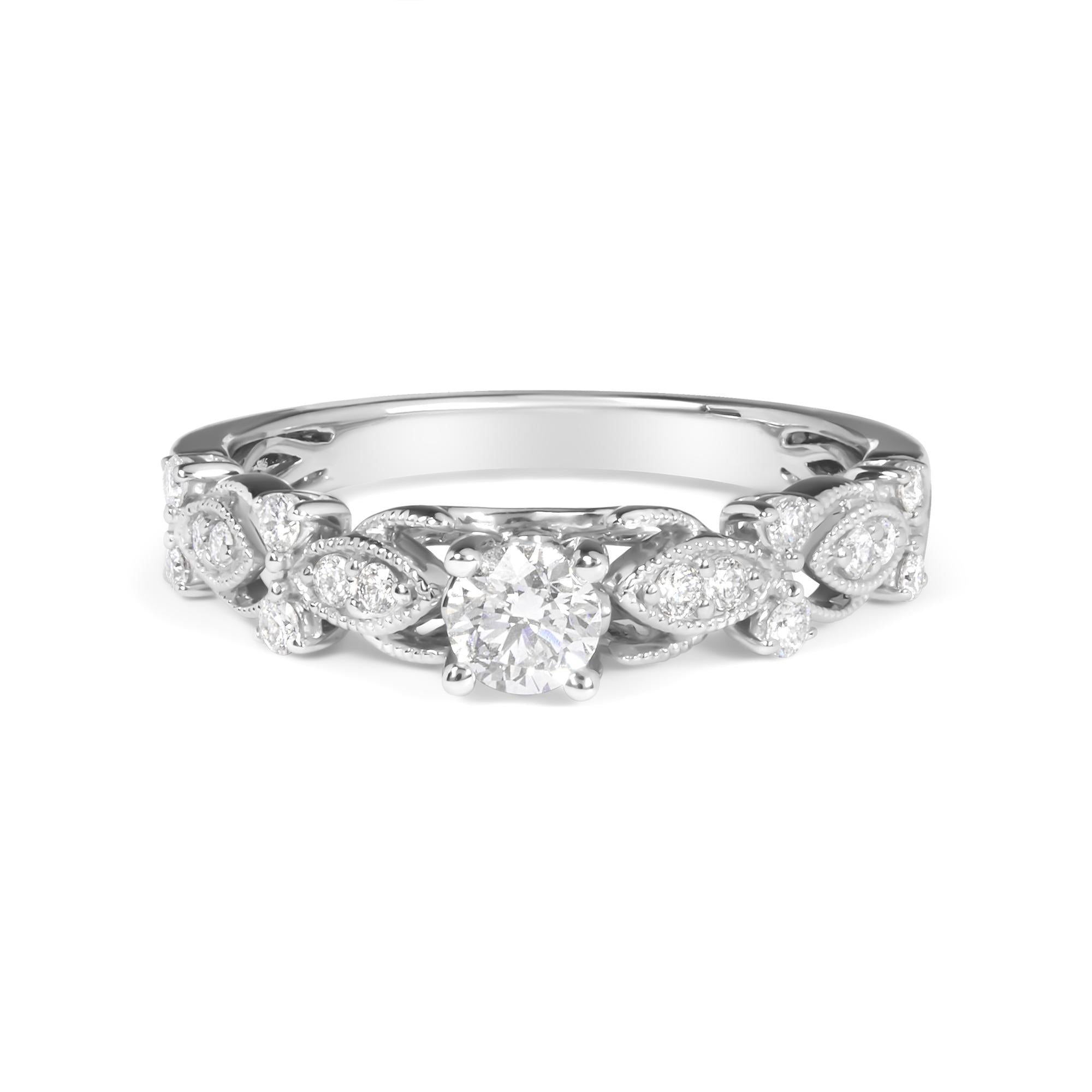 14K White Gold 1/2 Cttw Diamond Vintage Style Engagement Ring (G-H Color, VS2-SI1 Clarity) - Size 7 - Friggin Jewelry Premium