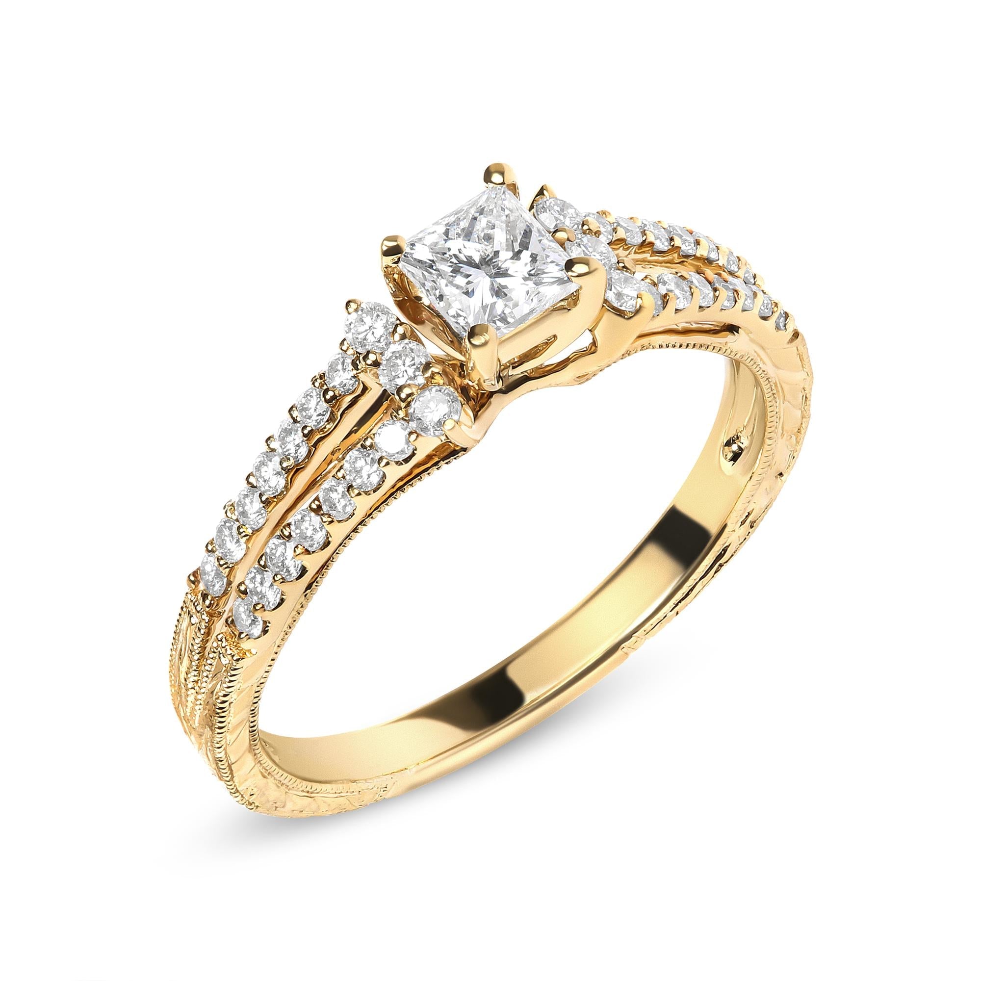 14K Yellow Gold Diamond 5/8 Cttw Princess Diamond Split Shank and Milgrain Engagement Ring (G-H Color, VS2-SI1 Clarity) - Size 7 - Friggin Jewelry Premium
