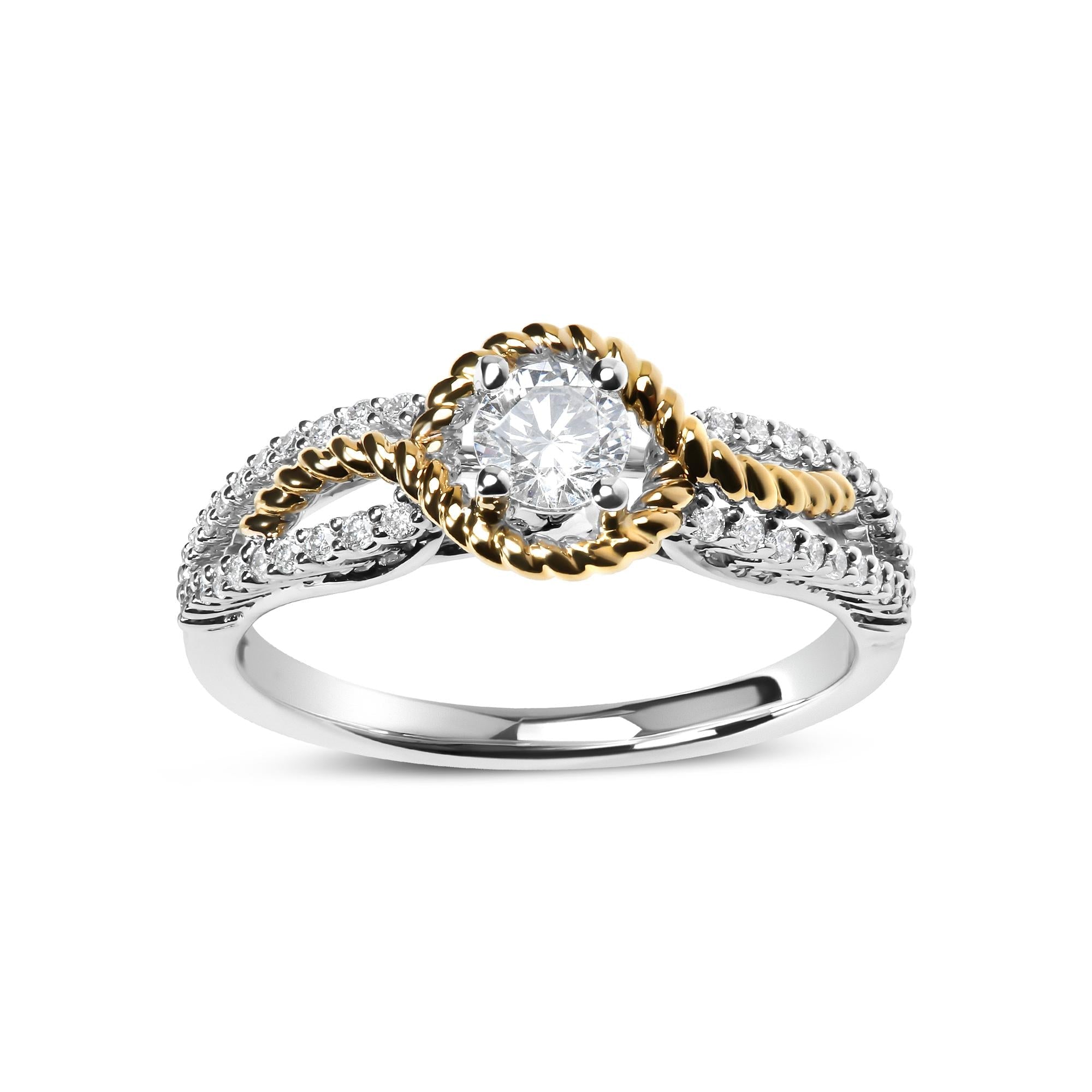 14K Two-Toned Gold Diamond 3/8 Cttw Diamond Split Shank and Beaded Halo Engagement Ring (G-H Color, VS2-SI1 Clarity) - Size 7 - Friggin Jewelry Premium