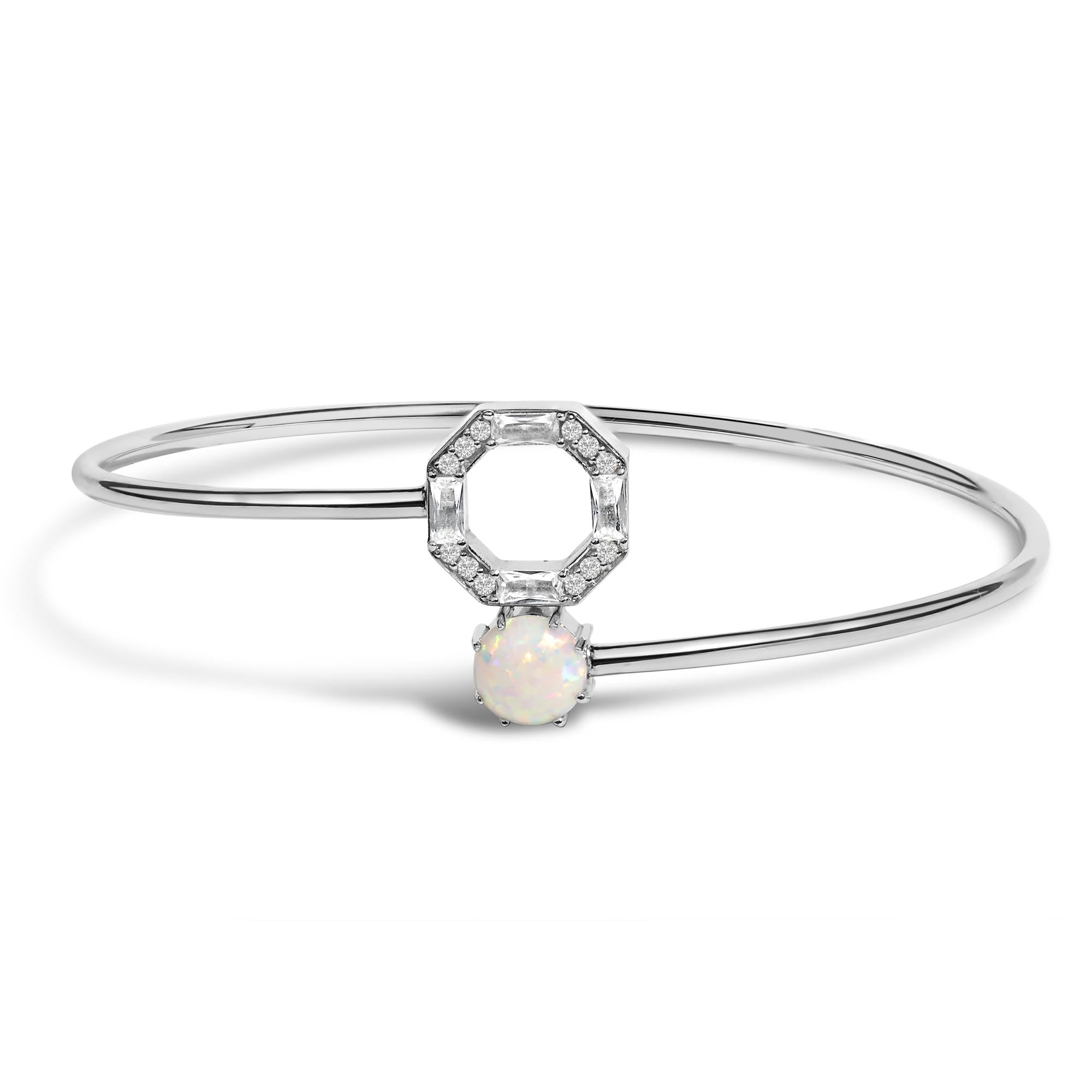 .925 Sterling Silver 7X7MM Created Opal and White Sapphire Halo Bangle Bracelet - 7 Inches - Friggin Jewelry