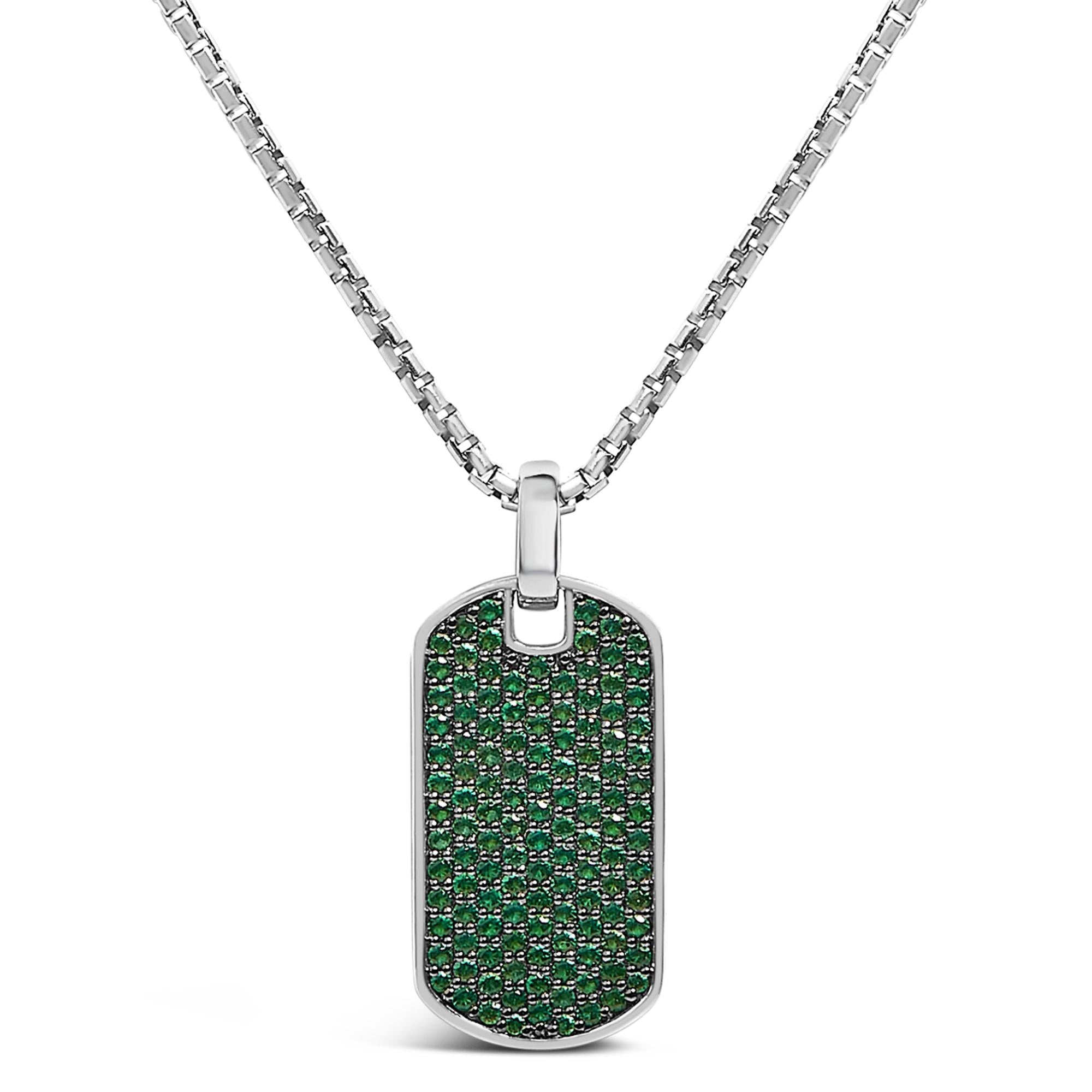 Men's .925 Sterling Silver Created Green Emerald Dog Tag Pendant Necklace - 22" Inches - Friggin Jewelry
