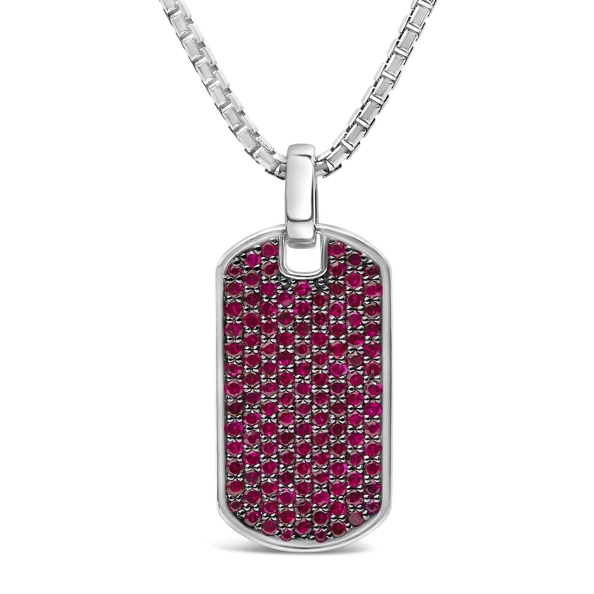 Men's .925 Sterling Silver Created Red Ruby Dog Tag Pendant Necklace - 22" Inches - Friggin Jewelry