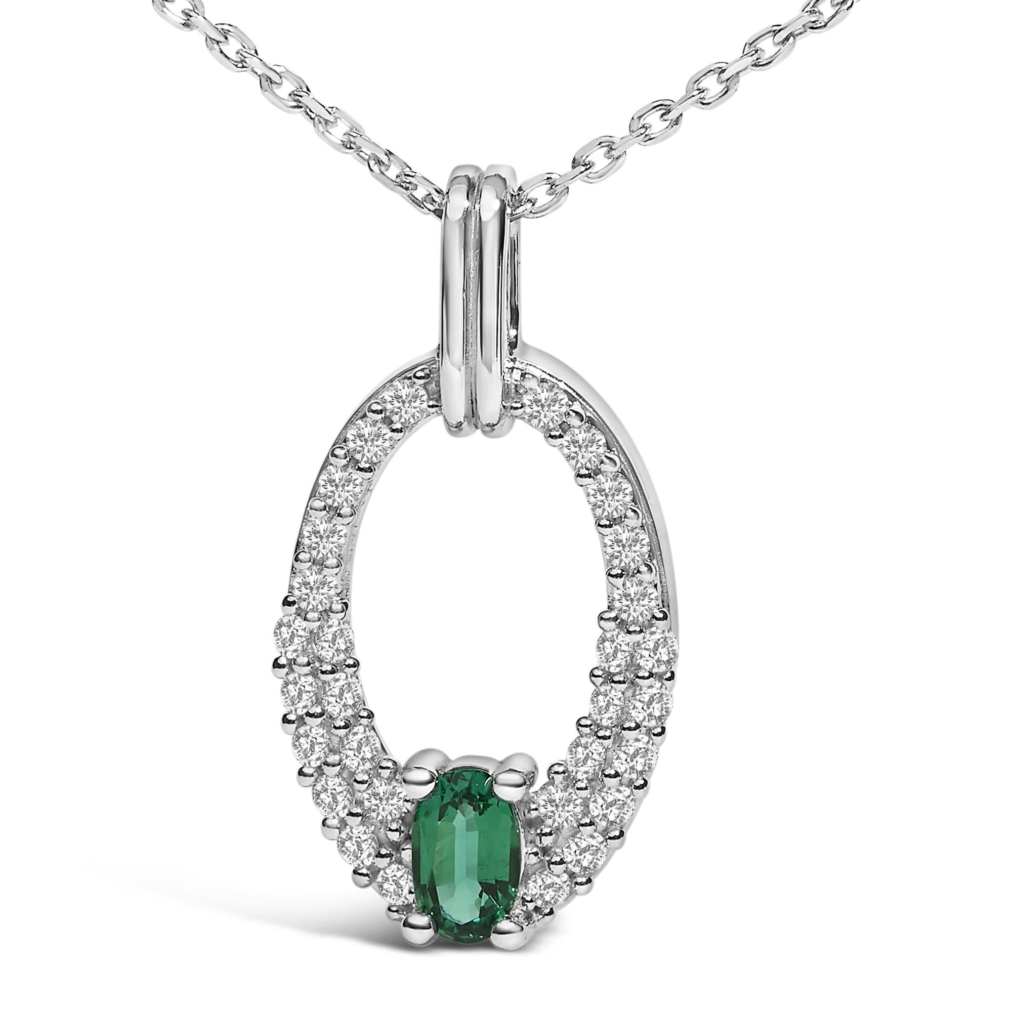 .925 Sterling Silver Created Green Emerald and White Sapphire Oval Shaped Pendant Necklace - 18" Inches - Friggin Jewelry