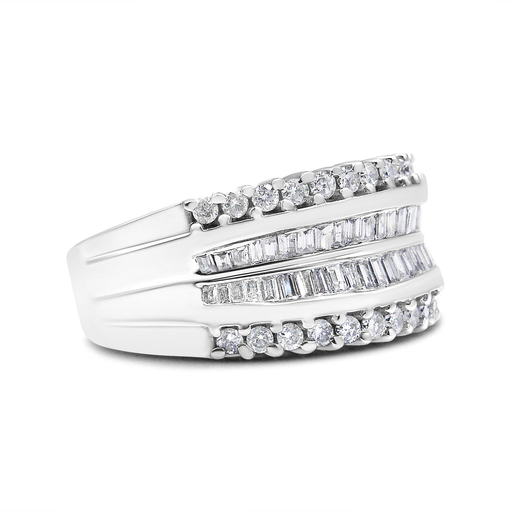 Anello moderno in oro bianco 14 carati con diamanti taglio baguette e taglio rotondo da 1,00 ct (colore HI, purezza SI2-I1) - Friggin Jewelry