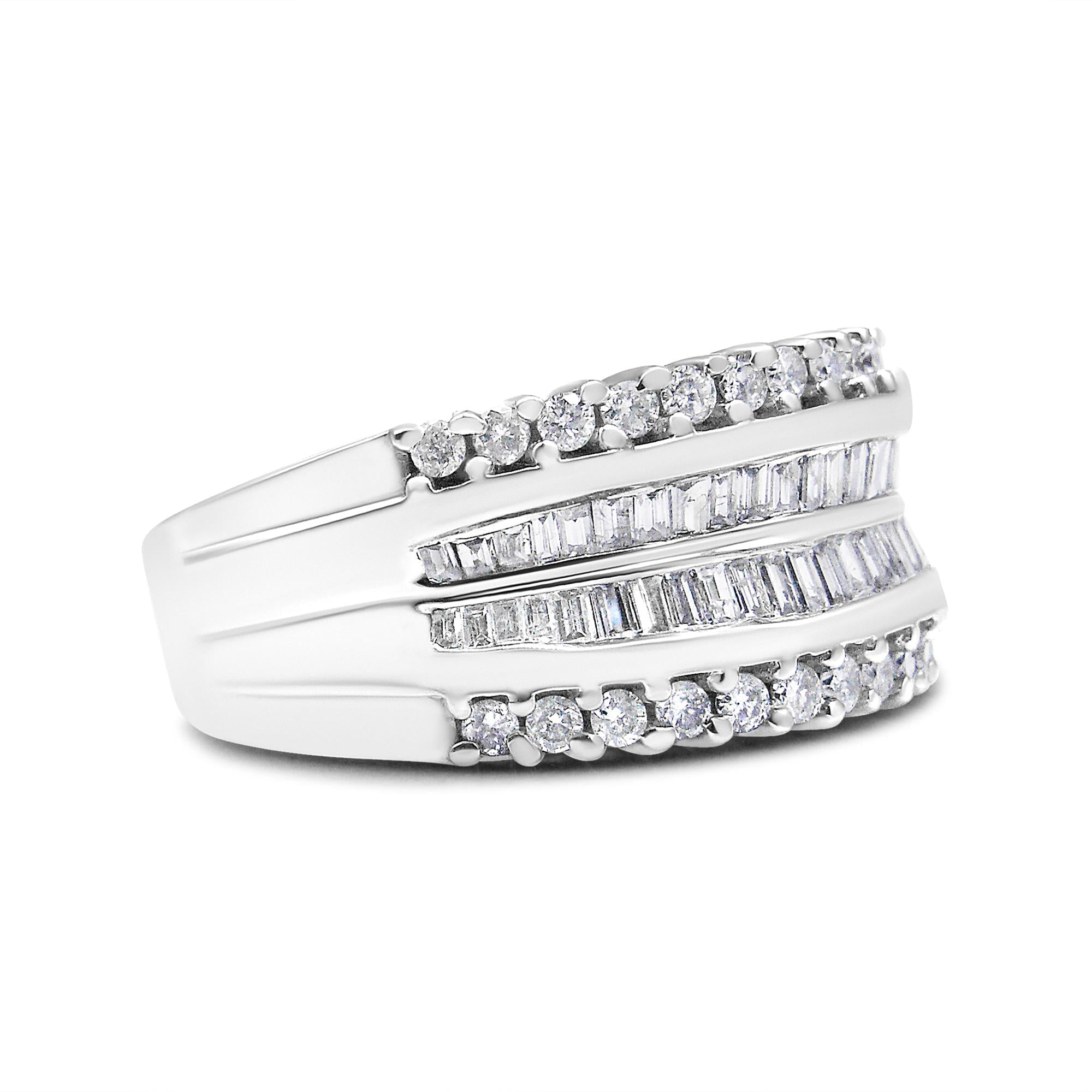 14K White Gold 1.00 Cttw Round and Baguette-Cut Diamond Modern Band Ring (H-I Color, SI2-I1 Clarity) - Friggin Jewelry Premium