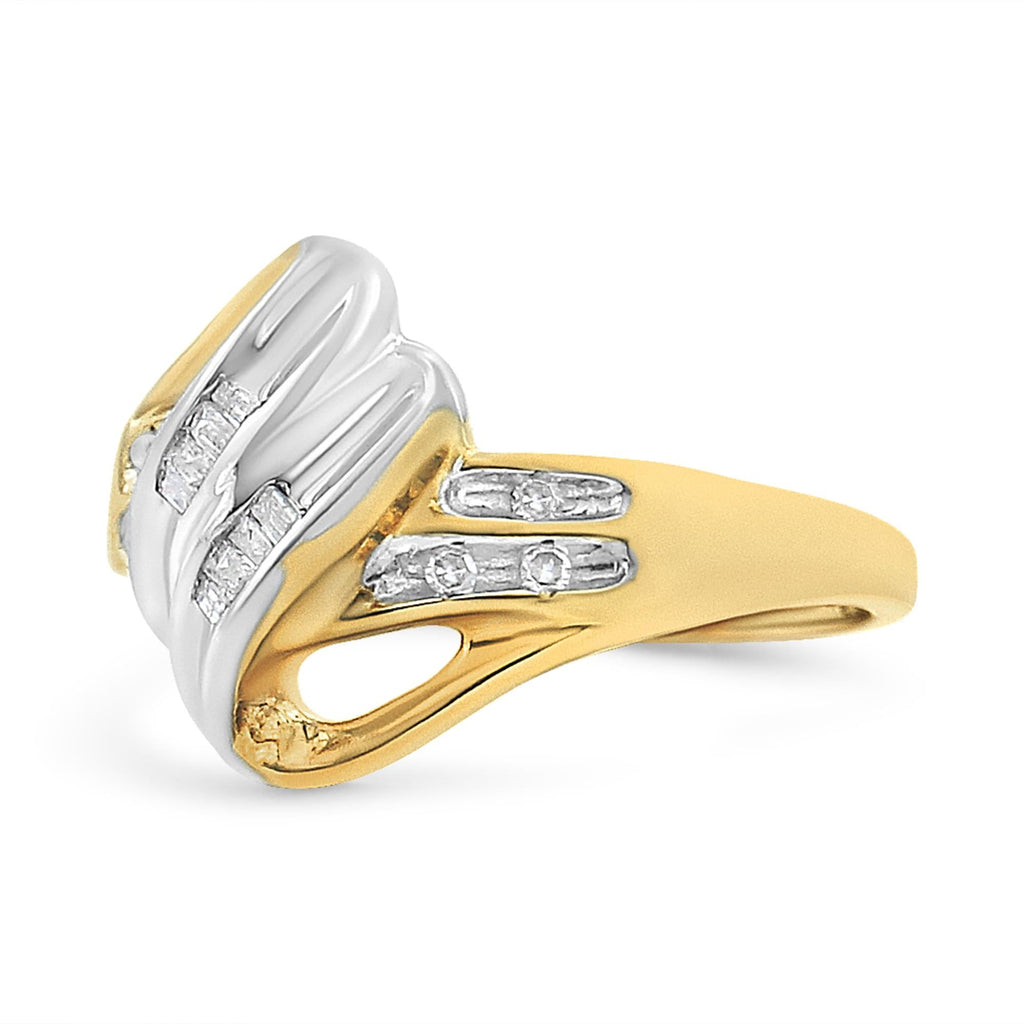 10K Yellow and White Gold 1/10 Cttw Baguette and Round-Cut Diamond Bypass Ring (I2 Color, H-I Clarity) - Friggin Jewelry
