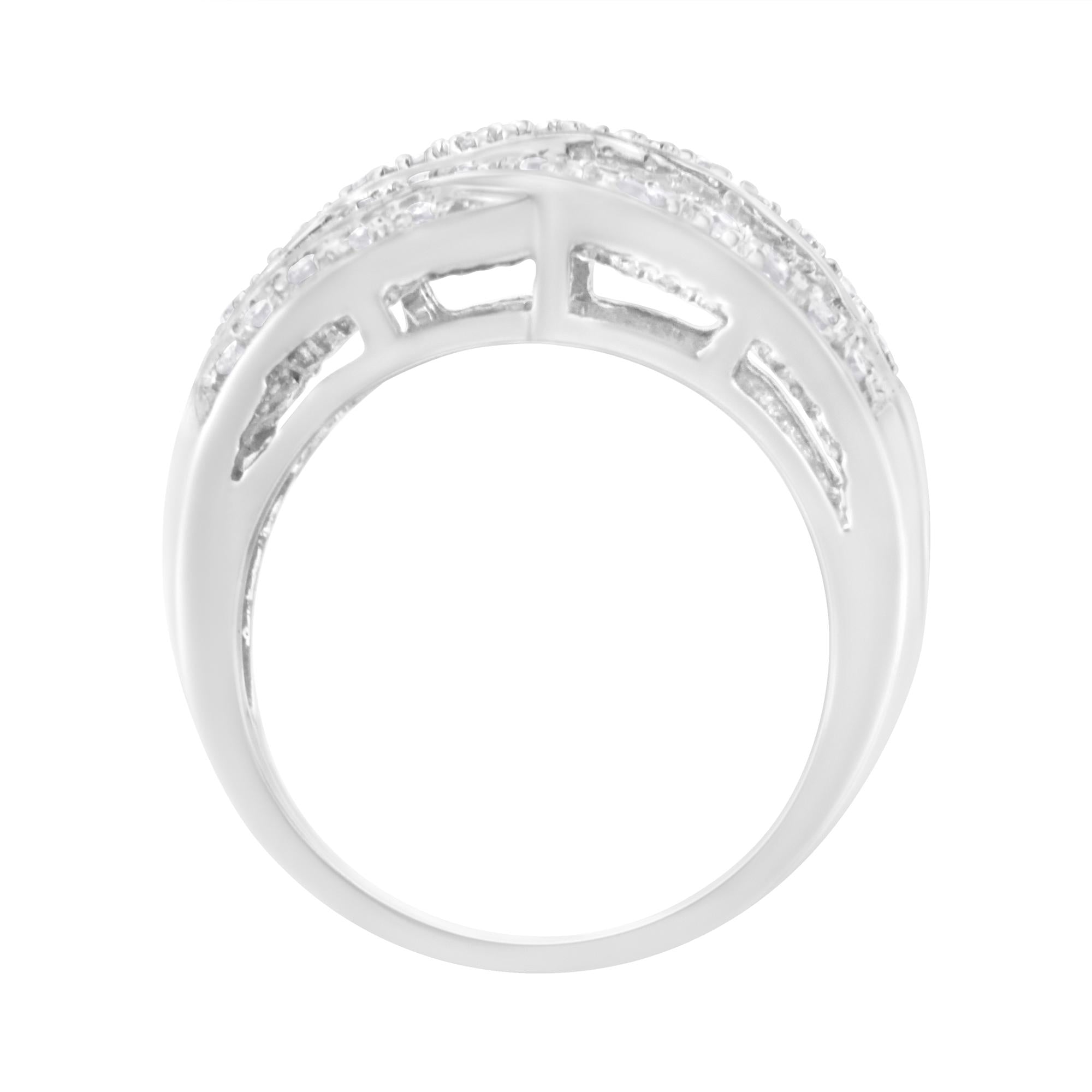 .925 Sterling Silver 1.0 Cttw Channel Set Alternating Round and Baguette Diamond Cross-over Bypass Ring Band (I-J Color, I2-I3 Clarity) - Friggin Jewelry