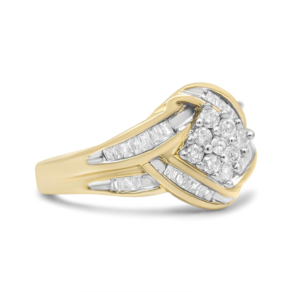 10K Yellow and White Gold 3/4 Cttw Diamond Cluster and Swirl Ring (H-I Color, I1-I2 Clarity) - Friggin Jewelry
