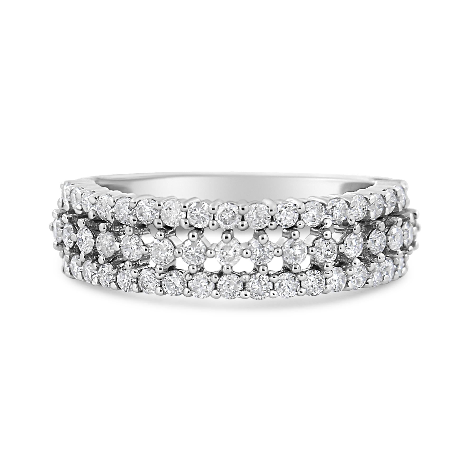 14K White Gold 1.0 Cttw Prong Set Round Diamond Split Shank Three Row Band Ring (H-I Color, I2-I3 Clarity) - Friggin Jewelry