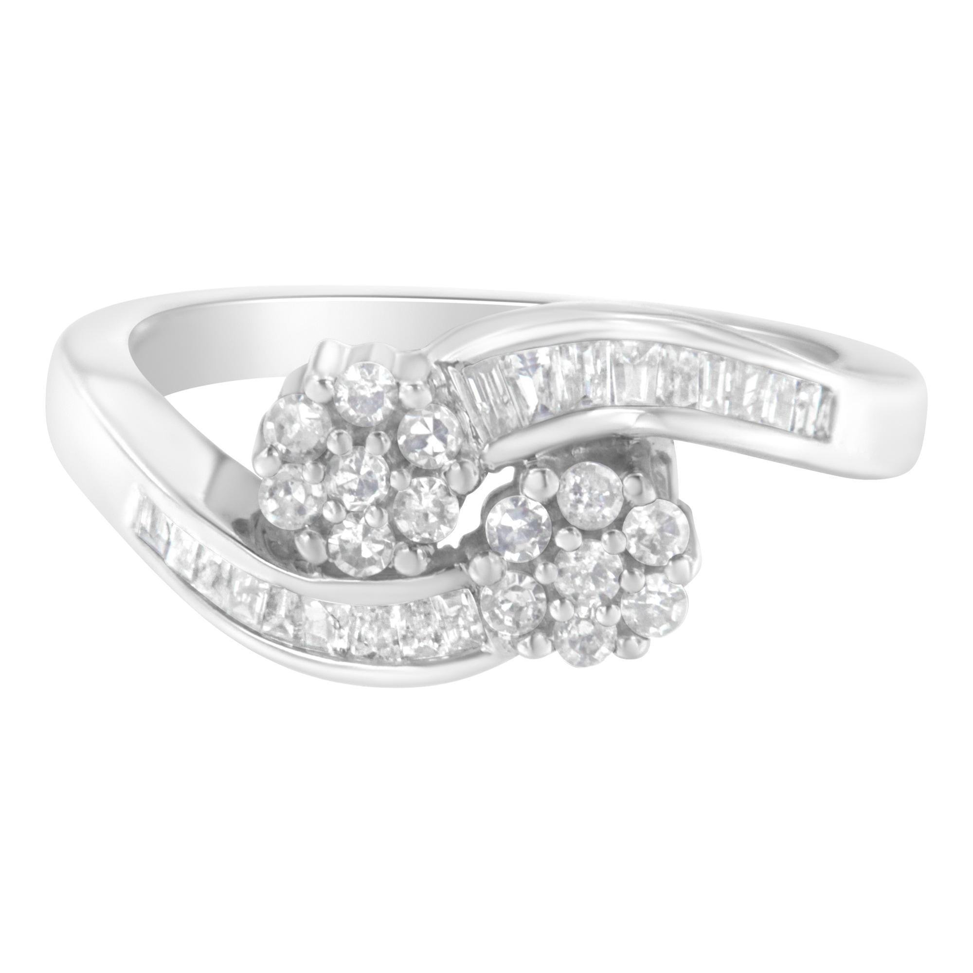 14K White Gold Round and Baguette Diamond Bypass Ring (1/2 cttw, H-I Color, I1-I2 Clarity) - Friggin Jewelry