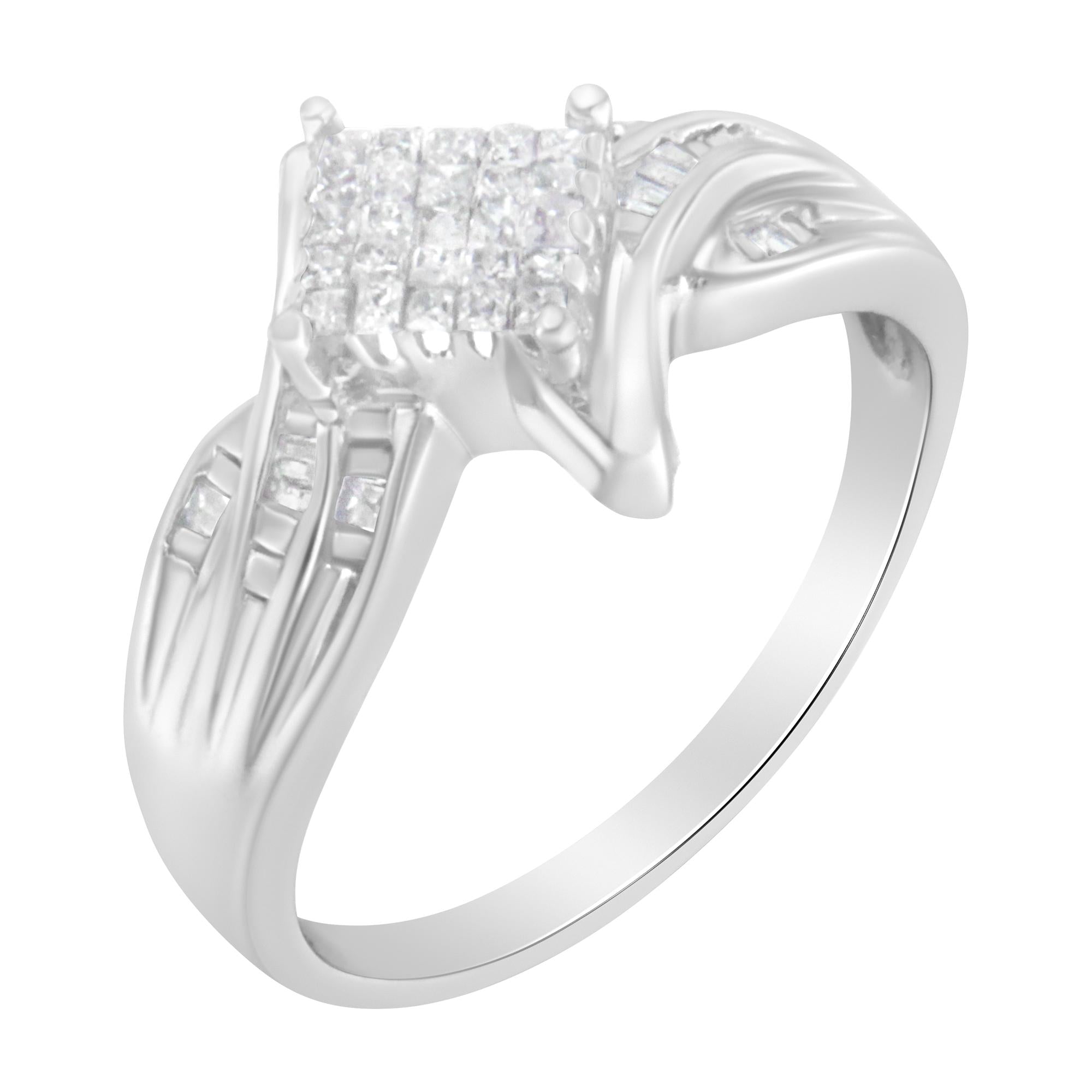 10K White Gold 1/3 Cttw Princess and Baguette Cut Diamond Bypass Style Cocktail Ring (I-J Color, I1-I2 Clarity) - Friggin Jewelry