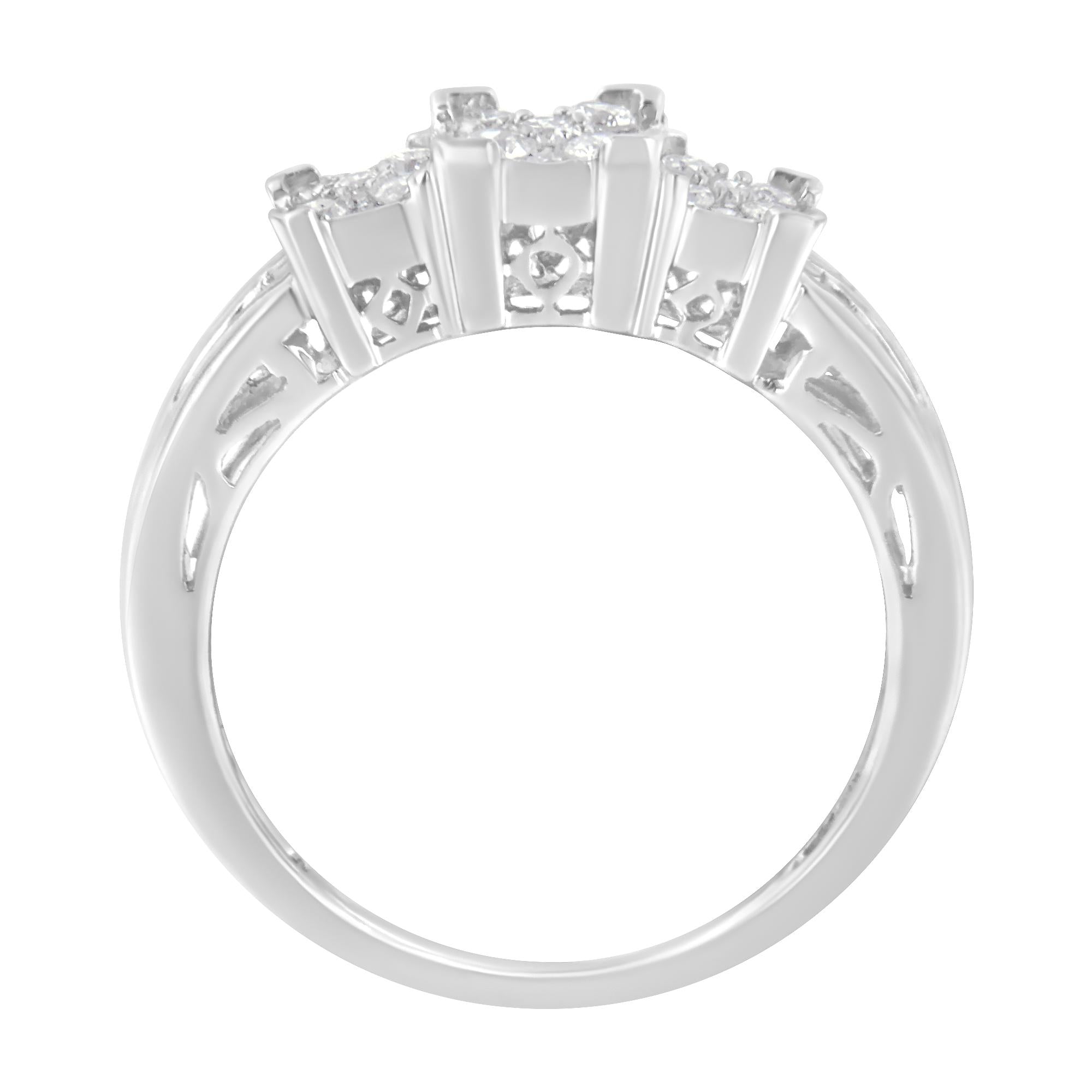 10K White Gold 1/2 Cttw Brilliant & Baguette Cut Diamond 3 Stone Design with 3 Square Clusters Engagement Ring (H-I Color, SI2-I1 Clarity) - Friggin Jewelry