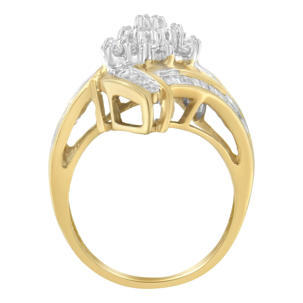 10K Yellow Gold Round and Baguette-Cut Diamond Bypass Cluster Ring (1.0 Cttw, I-J Color, I1-I2 Clarity) - Friggin Jewelry