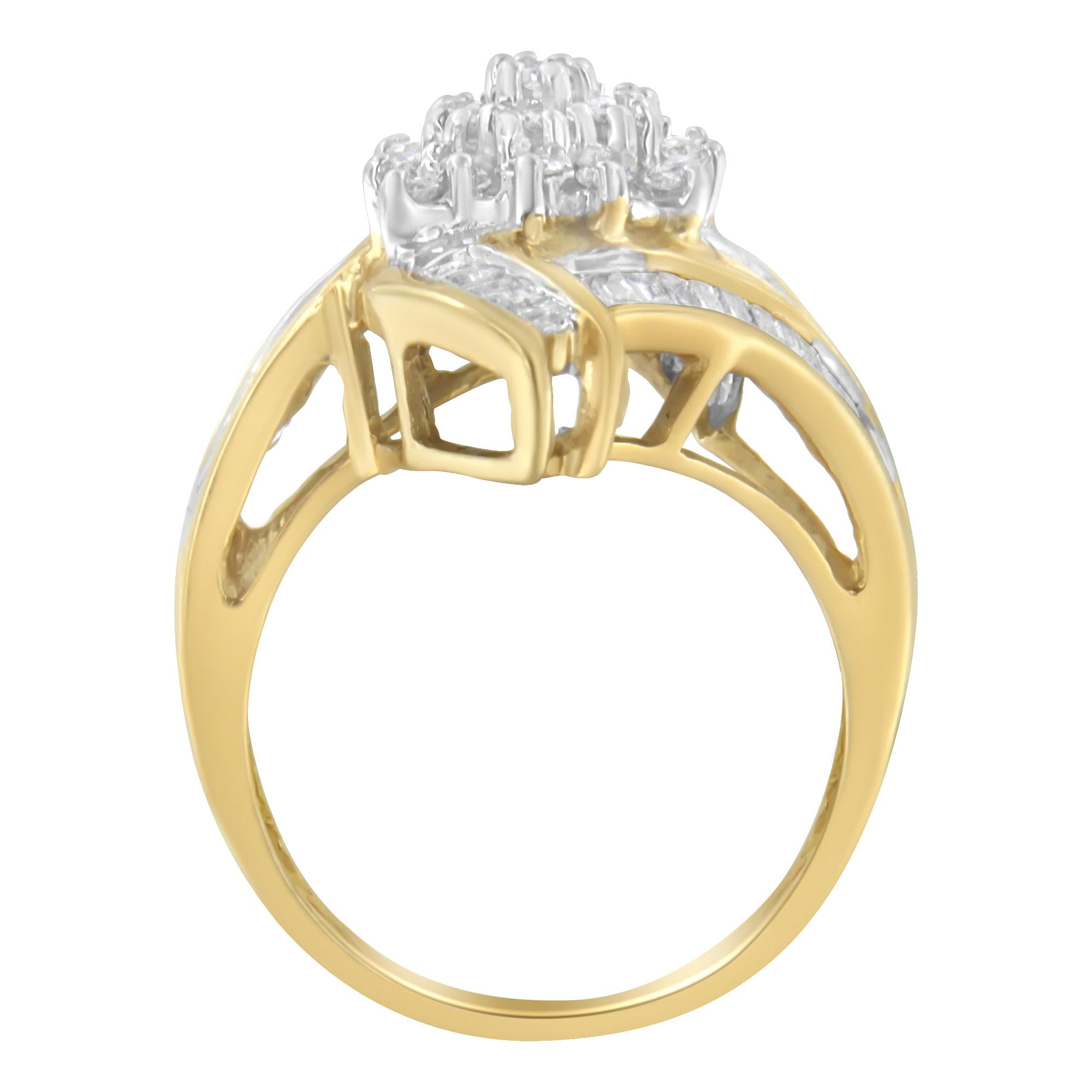 10K Yellow Gold Round and Baguette-Cut Diamond Bypass Cluster Ring (1.0 Cttw, I-J Color, I1-I2 Clarity) - Friggin Jewelry