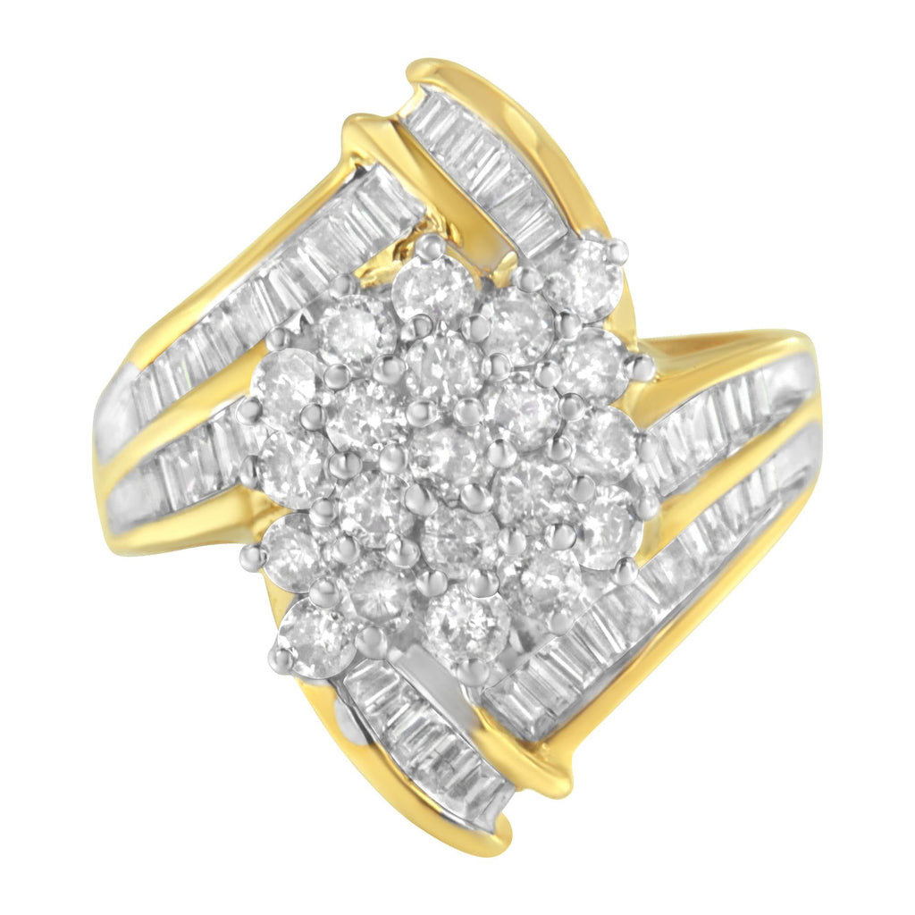 10K Yellow Gold Round and Baguette Diamond Swirl Ring (2.0 Cttw, J-K Color, I2 Clarity) - Friggin Jewelry Premium