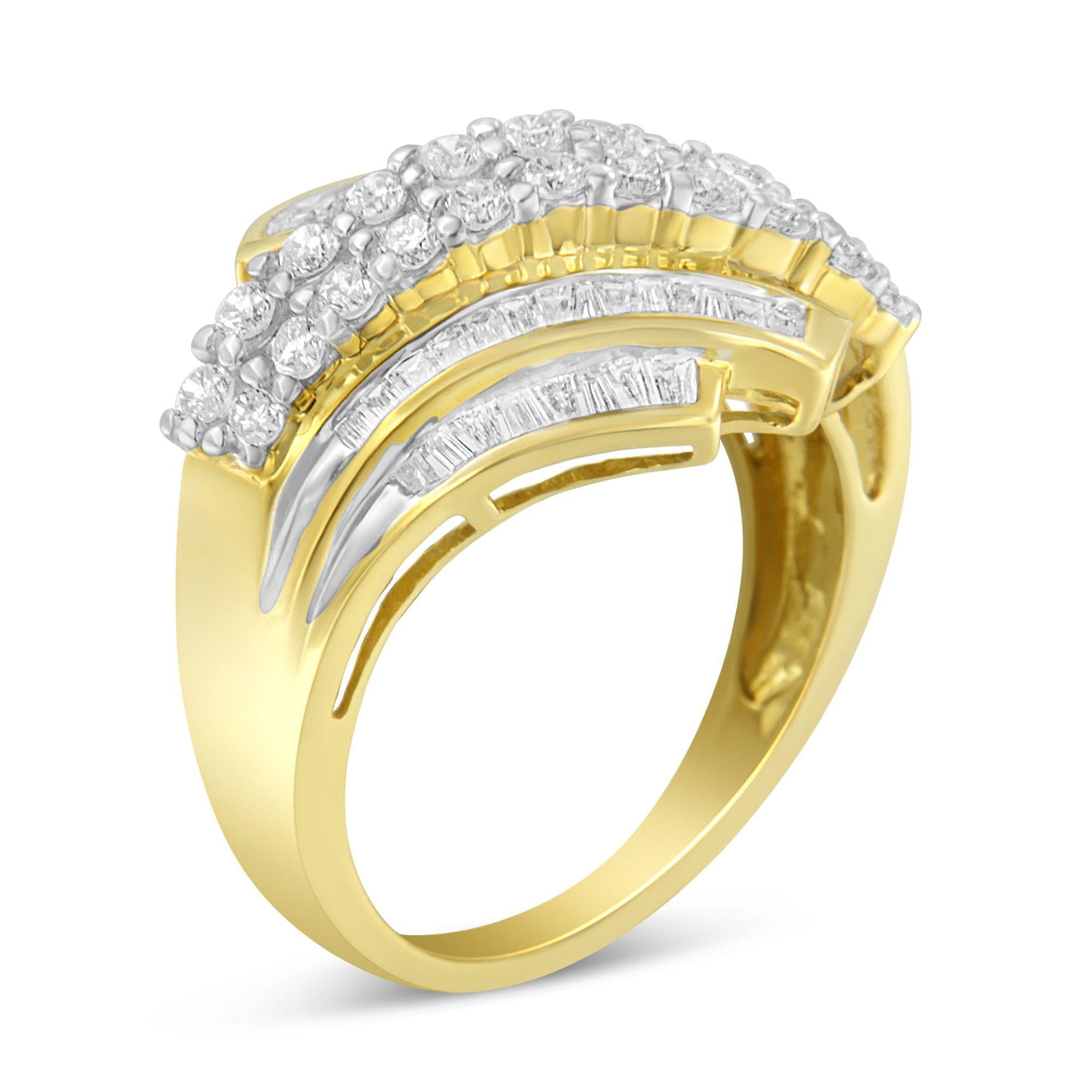 10K Yellow Gold 1.0 Cttw Round & Baguette Cut Diamond 64 Stone Bypass Style Channel Set Modern Statement Ring (H-I Color, SI1-SI2 Clarity) - Friggin Jewelry Premium