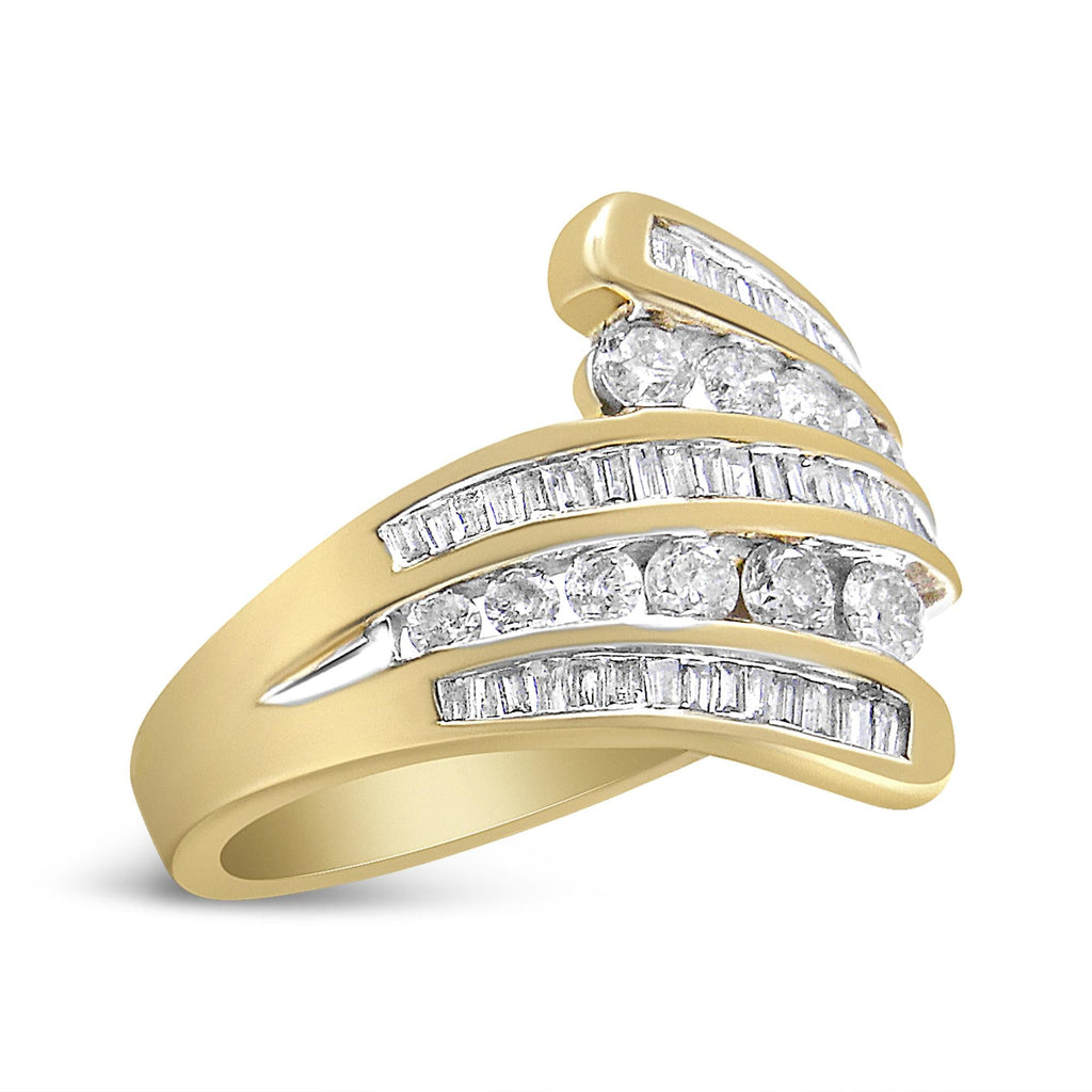 Anillo de oro amarillo de 10 quilates con diamantes redondos y talla baguette de 1 ct y múltiples filas (color HI, claridad I1-I2) - Friggin Jewelry