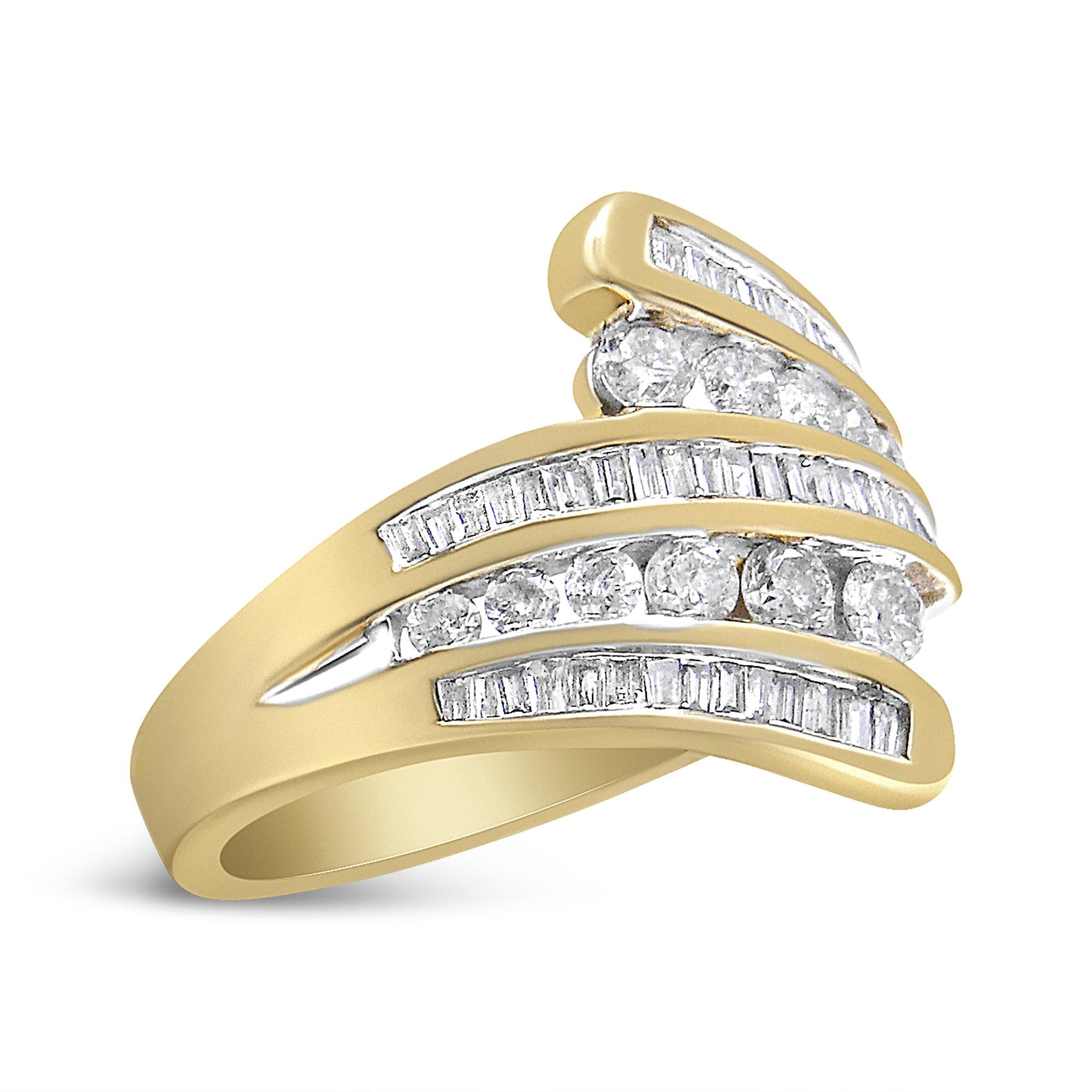 10K Yellow Gold 1 Cttw Round and Baguette-Cut Diamond Multi Row Bypass Ring Band (H-I Color, I1-I2 Clarity) - Friggin Jewelry