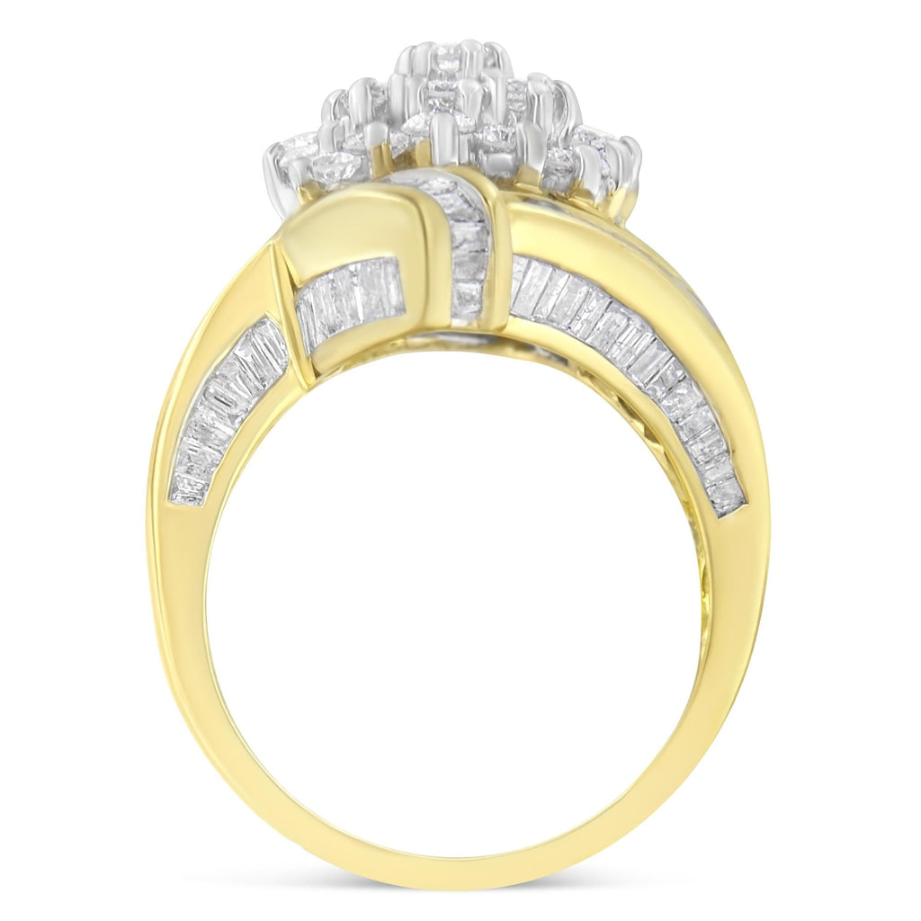 10K Yellow Gold Round and Baguette Diamond Crossover Cluster Ring (3 Cttw, I-J Color, I1-I2 Clarity) - Friggin Jewelry Premium