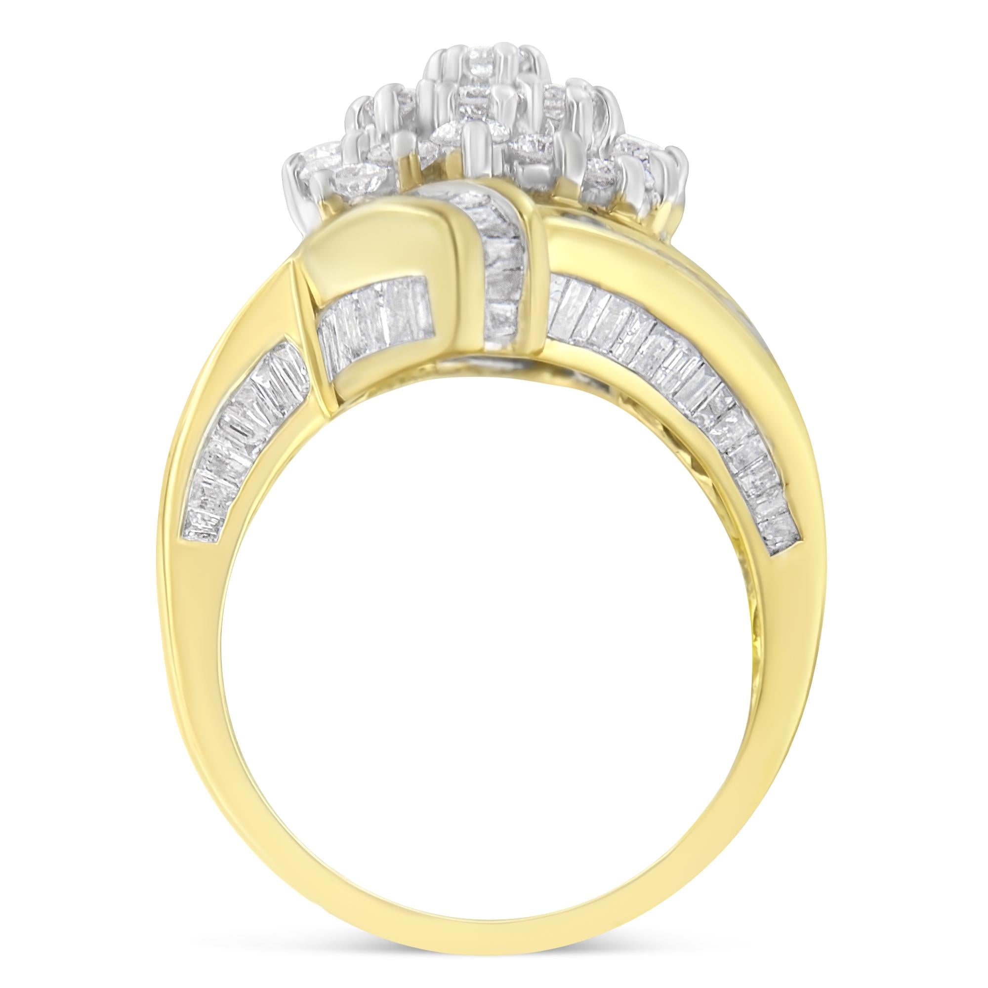 10K Yellow Gold Round and Baguette Diamond Crossover Cluster Ring (3 Cttw, I-J Color, I1-I2 Clarity) - Friggin Jewelry