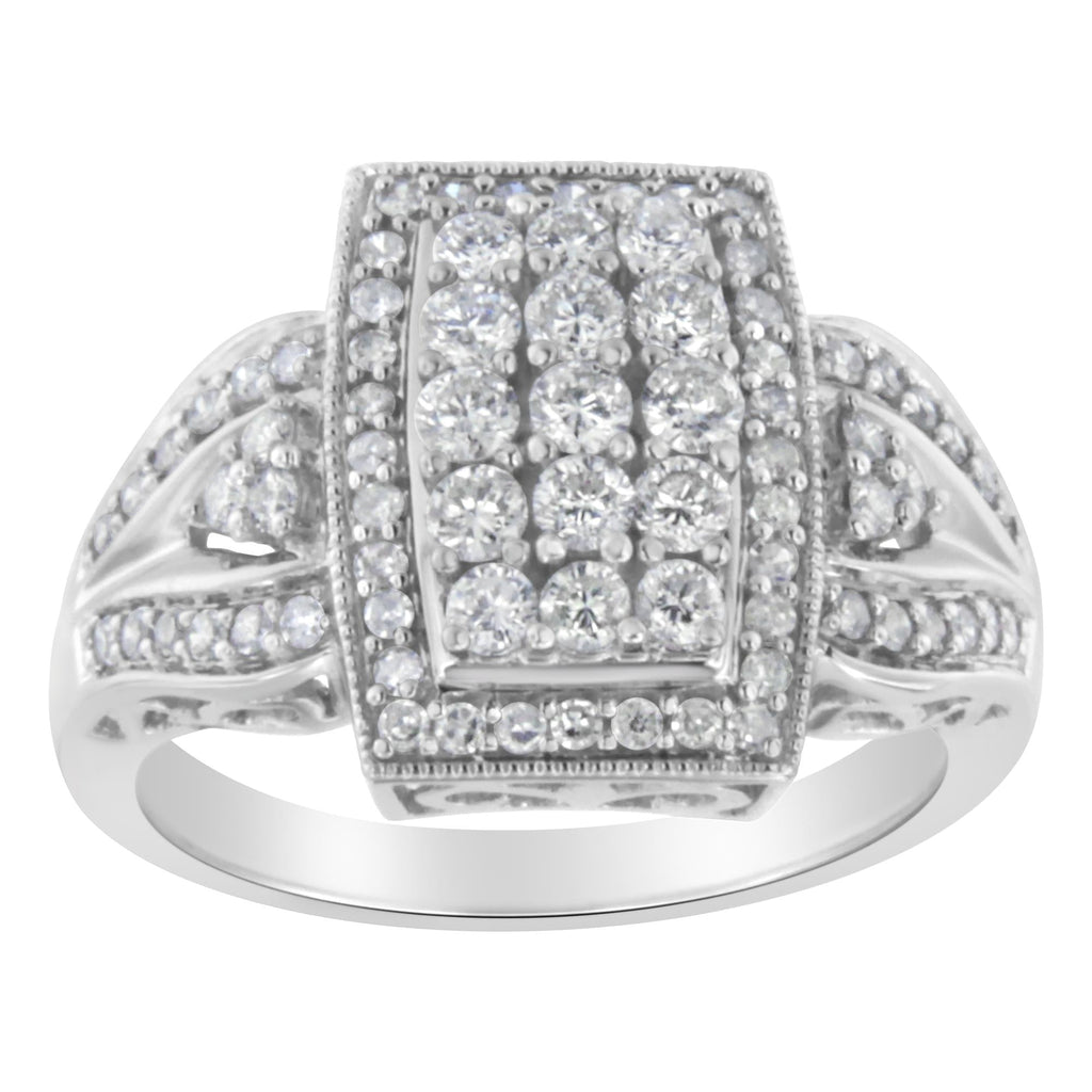 10K White Gold 1.0 Cttw Diamond Rectangular Cushion Shaped Cluster Halo Flared Band Cocktail Fashion Ring (H-I Color, SI2-I1 Clarity) - Friggin Jewelry Premium