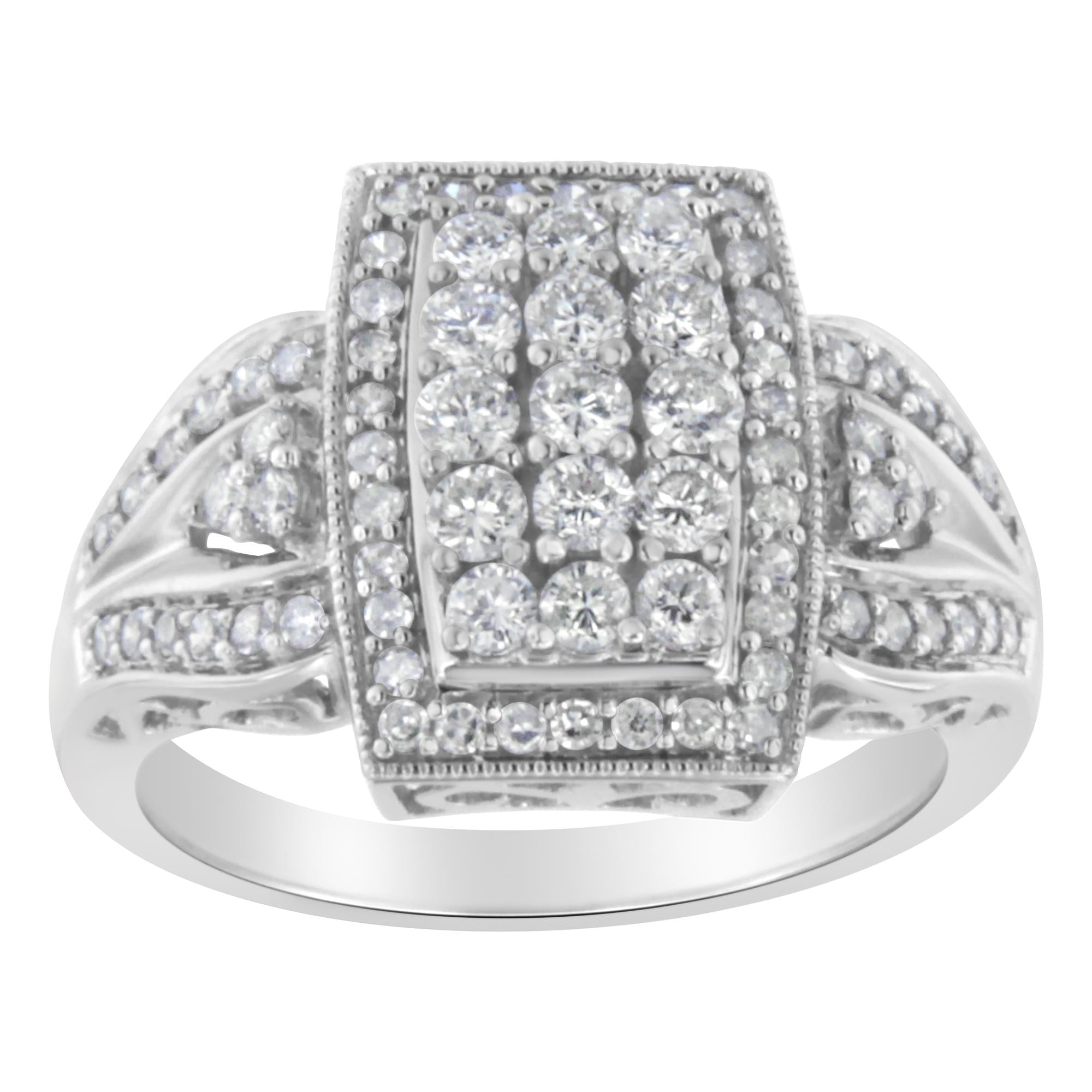 10K White Gold 1.0 Cttw Diamond Rectangular Cushion Shaped Cluster Halo Flared Band Cocktail Fashion Ring (H-I Color, SI2-I1 Clarity) - Friggin Jewelry