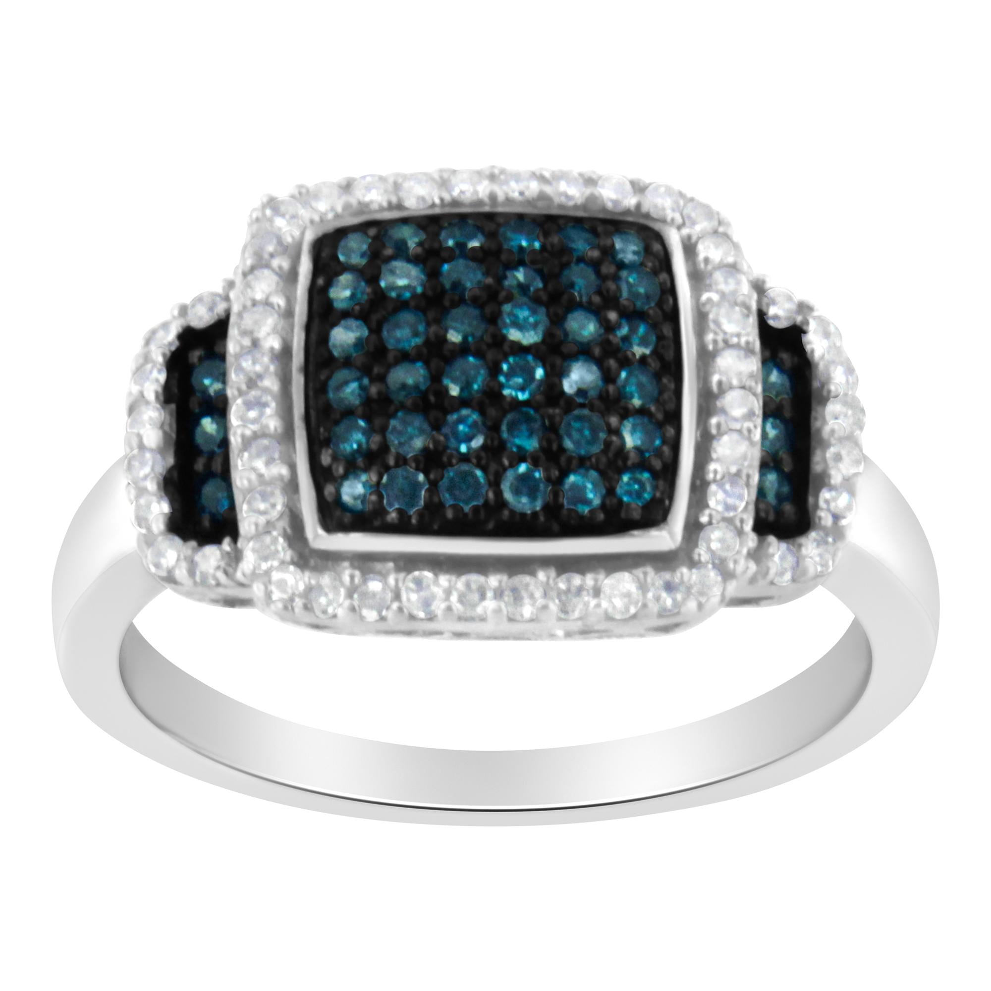 Black Rhodium Plated .925 Sterling Silver 1/2 Cttw White & Blue Diamond Square Halo Cocktail Ring (Fancy Blue & H-I Color, I2-I3 Clarity) - Friggin Jewelry