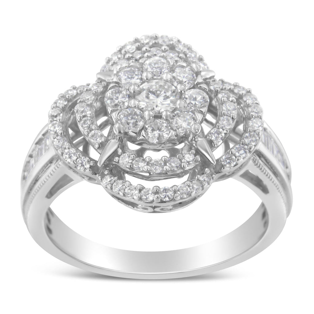 14K White Gold 1.0 Cttw Round & Baguette Cut Diamond Floral Cluster Quatrefoil Channel Set Band Cocktail Statement Ring (H-I Color, SI2-I1 Clarity) - Friggin Jewelry