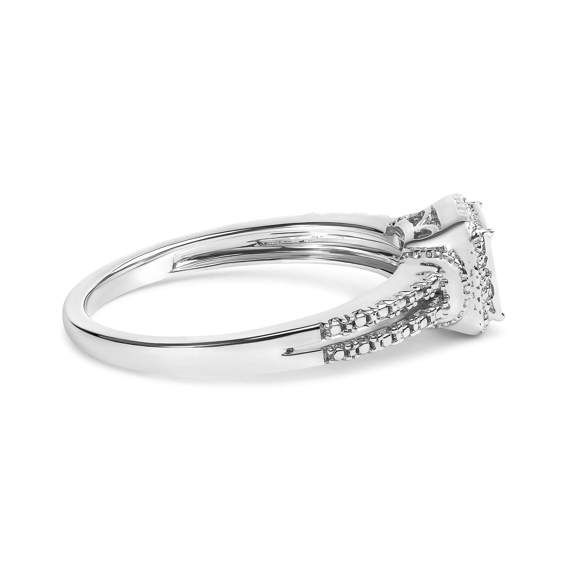 Anillo compuesto de diamantes de talla princesa de 1/4 ct en plata de ley 925 con halo de cuentas (color HI, claridad SI1-SI2) - Friggin Jewelry