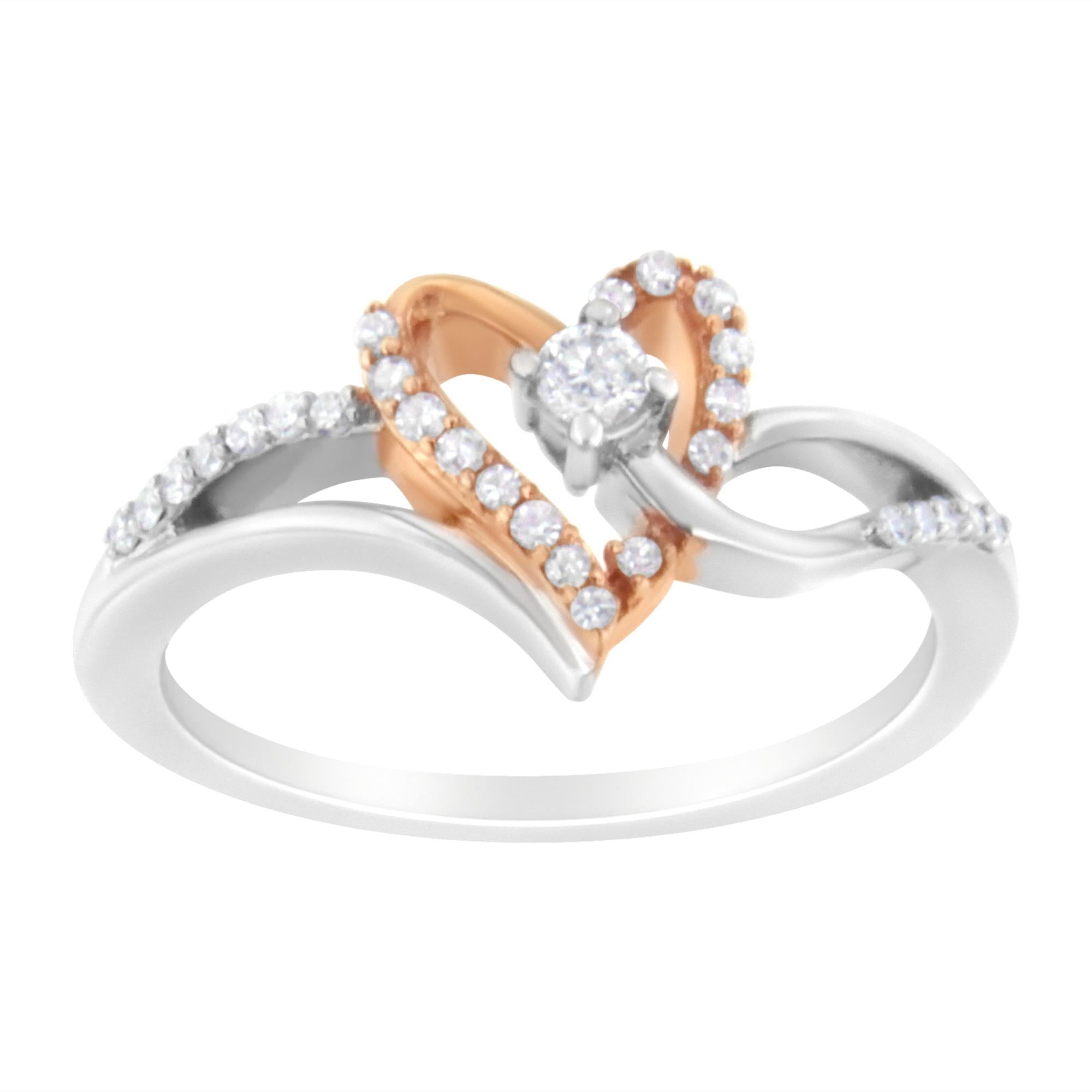 10K Rose Gold Plated .925 Sterling Silver 1/5 Cttw Diamond Two Tone Open Heart Promise or Fashion Ring (I-J Color, I2-I3 Clarity) - Friggin Jewelry