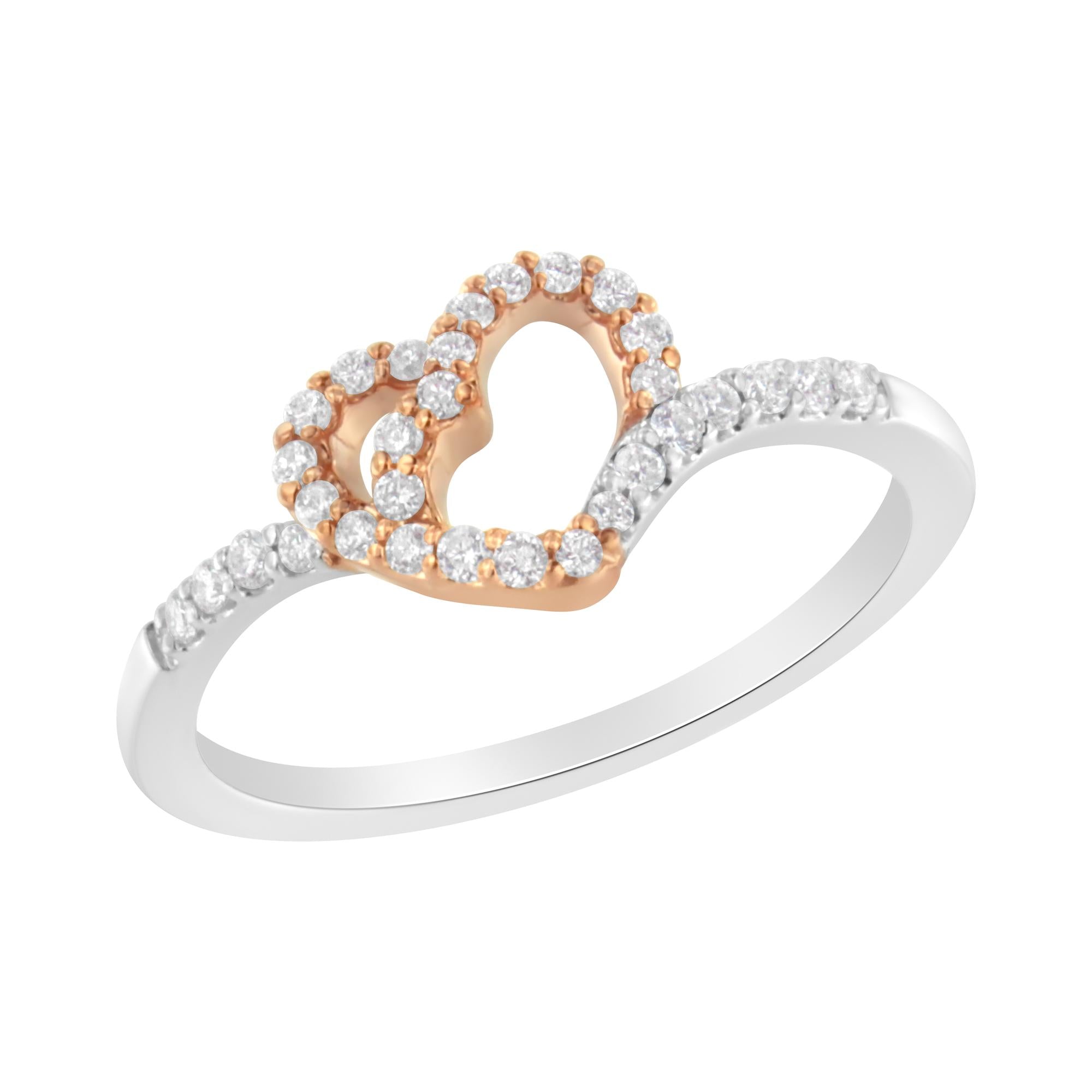 10K Rose Gold over .925 Sterling Silver 1/5 Cttw Diamond Two Tone Open Heart Promise or Fashion Ring (I-J Color, I2-I3 Clarity) - Friggin Jewelry