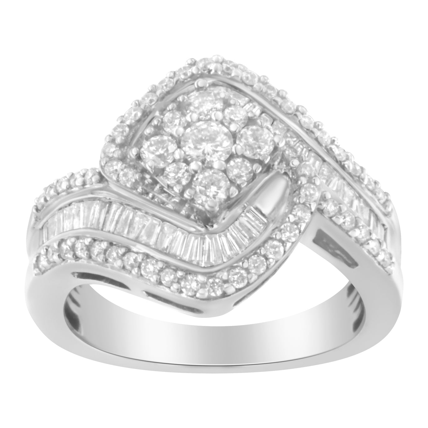 14K White Gold 1.0 Cttw Baguette & Brilliant-Cut Diamond Round Floral Cluster Engagement or Fashion Ring with Swirl Wrapped Triple Row Band (H-I Color, SI2-I1 Clarity) - Friggin Jewelry