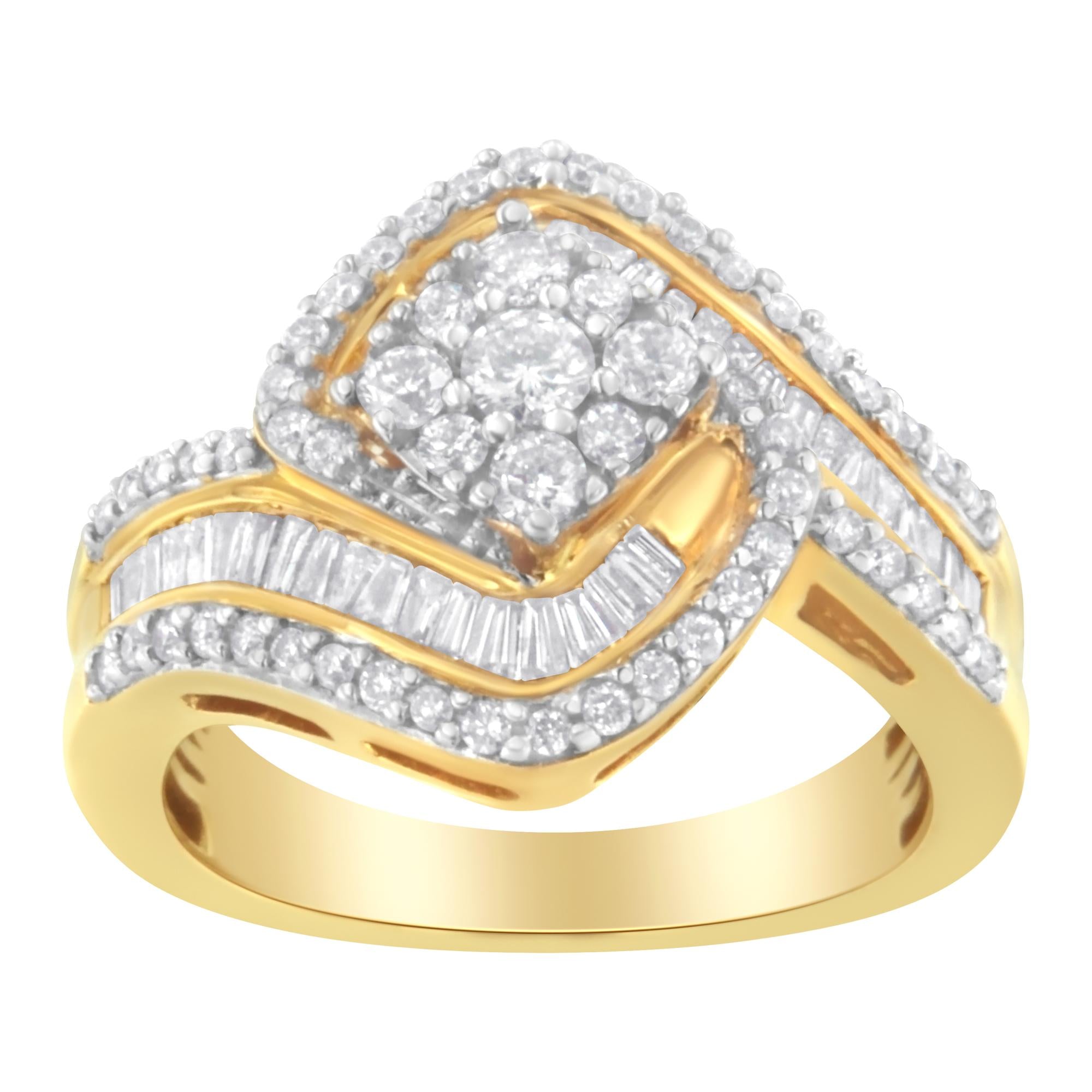 14K Yellow Gold 1.0 Cttw Baguette & Brilliant-Cut Diamond Round Floral Cluster Engagement or Fashion Ring with Swirl Wrapped Triple Row Band (H-I Color, SI2-I1 Clarity) - Friggin Jewelry