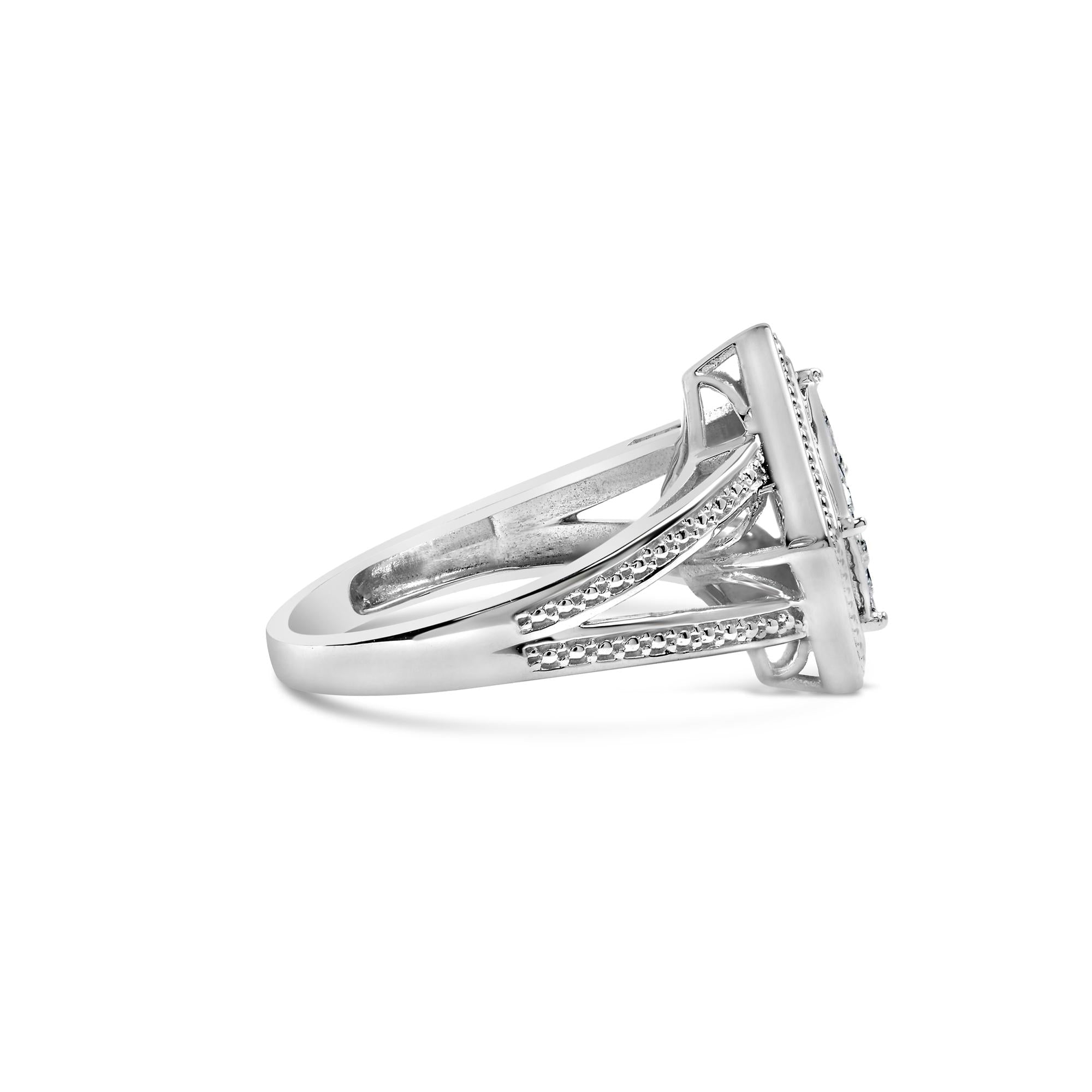 Anillo de plata de ley 925 con halo de cuentas y rombos de diamantes de talla princesa de 1/3 ct (color HI, claridad SI1-SI2) - Friggin Jewelry