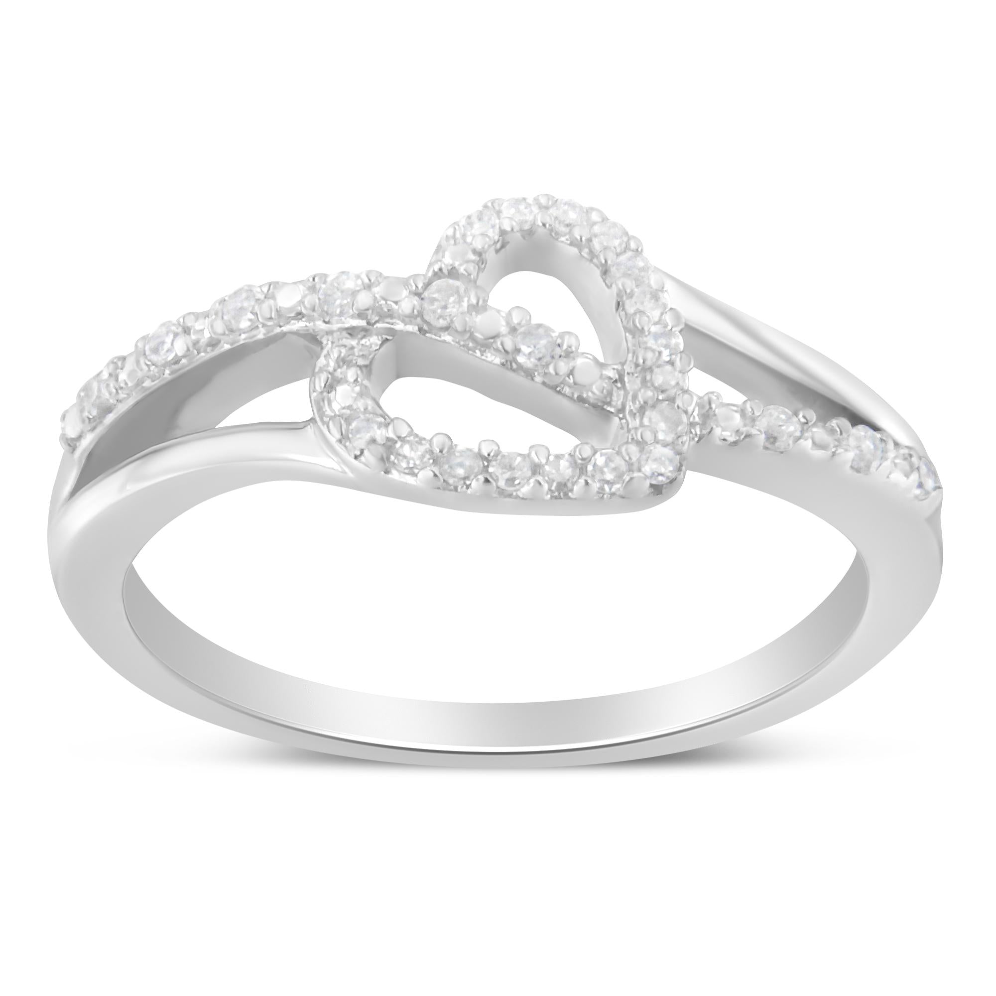 Anillo de compromiso o de moda en plata de ley 925 con 1/8 quilates de diamantes, diseño de corazón abierto, hoja curva y detalle de bypass (color IJ, claridad I2-I3) - Friggin Jewelry