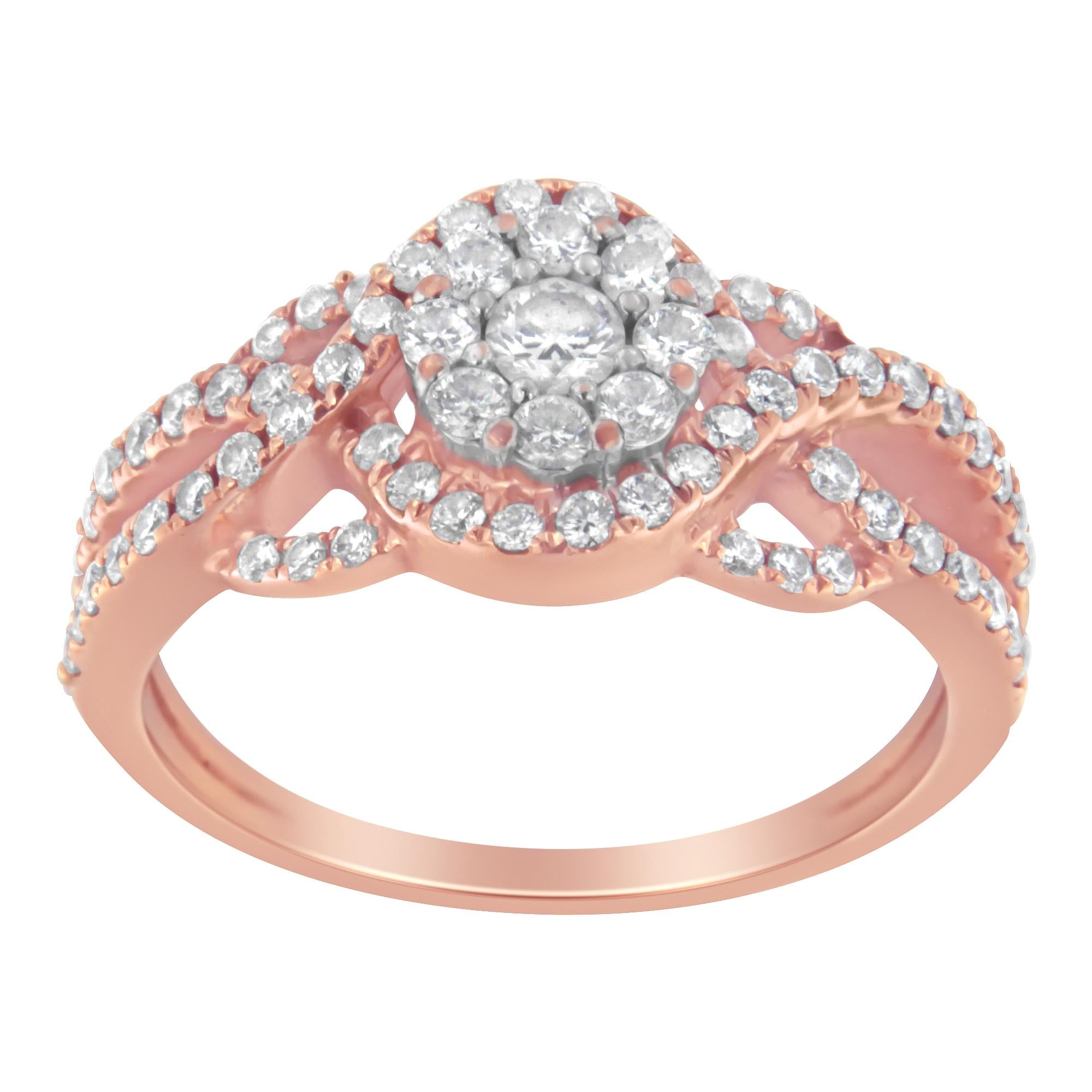 10K Rose Gold 3/4 Cttw Diamond Floral Cluster Head and Twisted Shank Cocktail  Ring (H-I Color, SI1-SI2 Clarity) - Friggin Jewelry