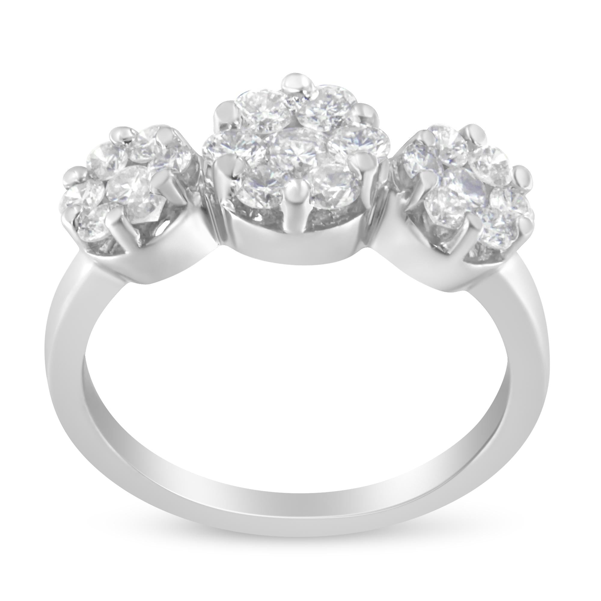 14K White Gold 1-1/4 Cttw Brilliant Cut Diamond Three Round Floral Clusters Engagement or Fashion Ring (H-I Color, SI2-I1 Clarity) - Friggin Jewelry