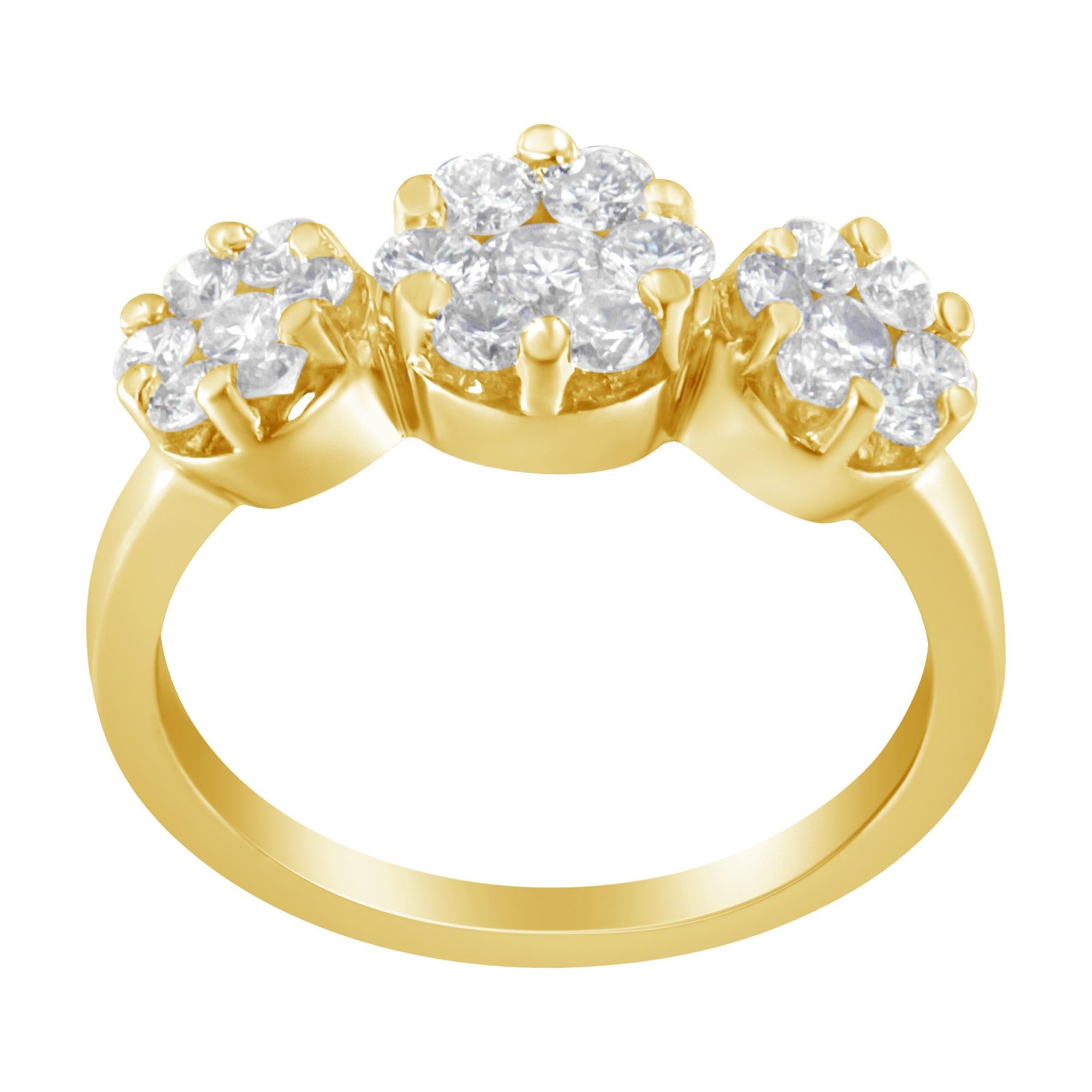 14K Yellow Gold 1-1/4 Cttw Brilliant Cut Diamond Three Round Floral Clusters Engagement or Fashion Ring (H-I Color, SI2-I1 Clarity) - Friggin Jewelry