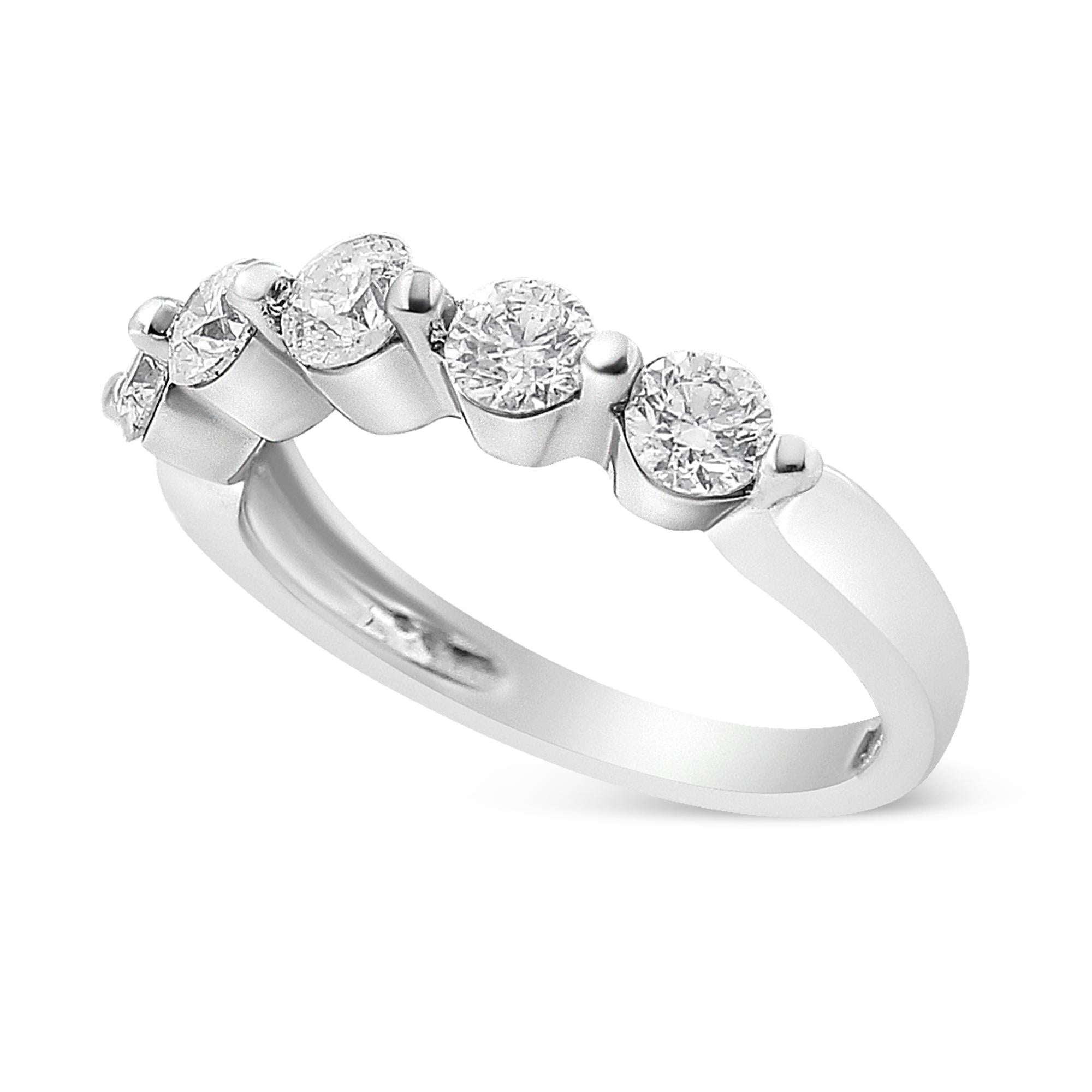 14K White Gold 1.00 Cttw Brilliant Round Cut Diamond 5-Stone Band Ring (H-I Color, SI2-I1 Clarity) - Friggin Jewelry