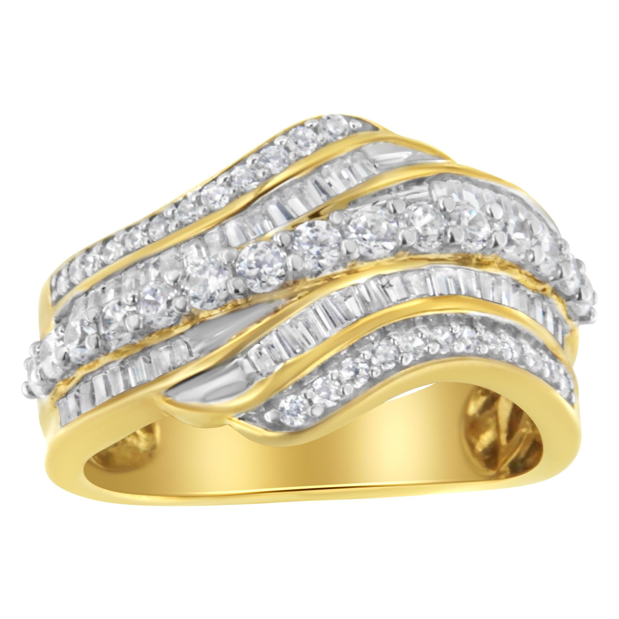 Anillo de oro amarillo de 10 quilates con diamantes baguette y redondos de 1,0 quilates, con varias hileras de ondas (color IJ, claridad I1-I2) - Friggin Jewelry