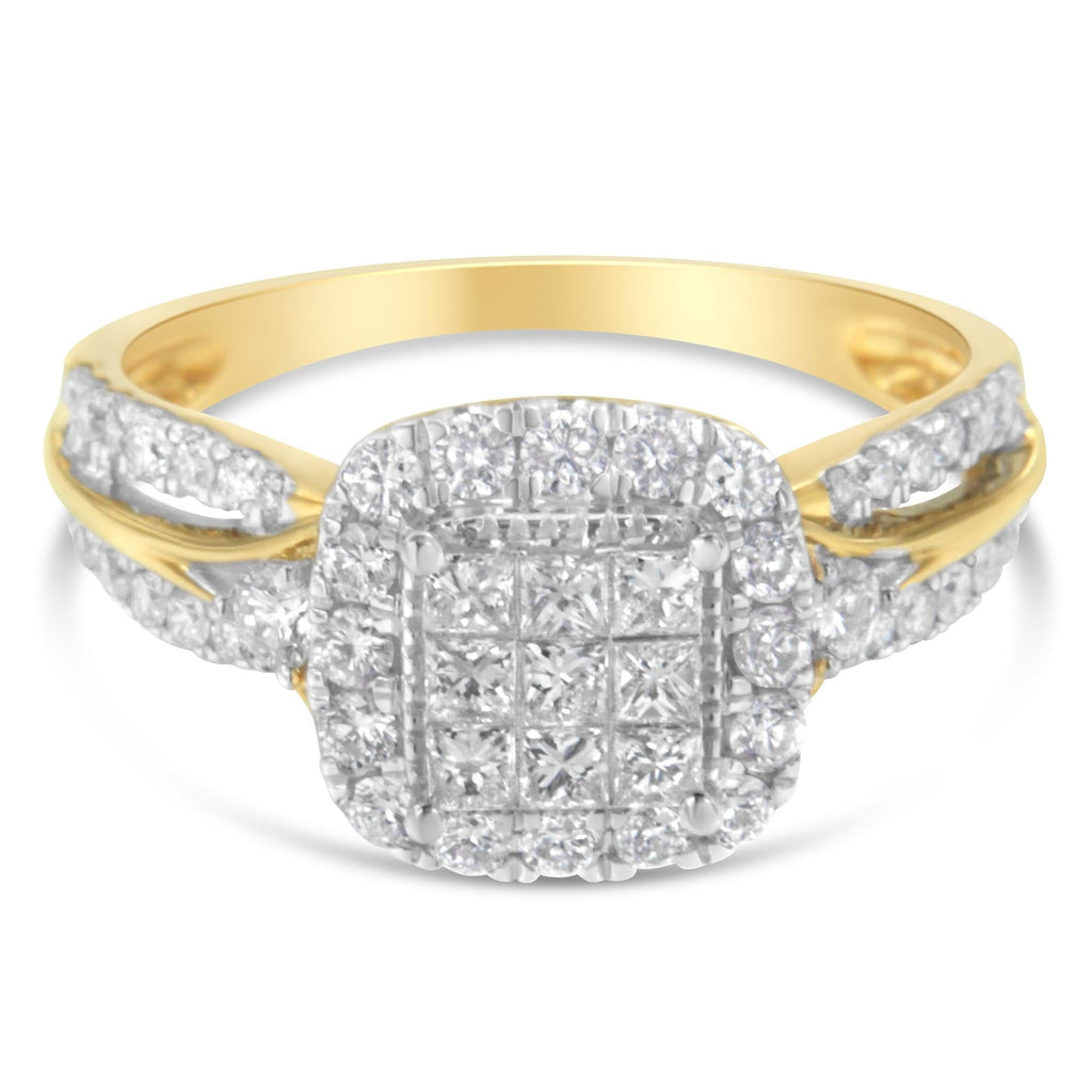 Anello di fidanzamento a 3 fasce con alone a forma di cuscino in oro giallo 10 carati con diamanti compositi da 1,0 ct (colore HI, purezza SI1-SI2) - Friggin Jewelry