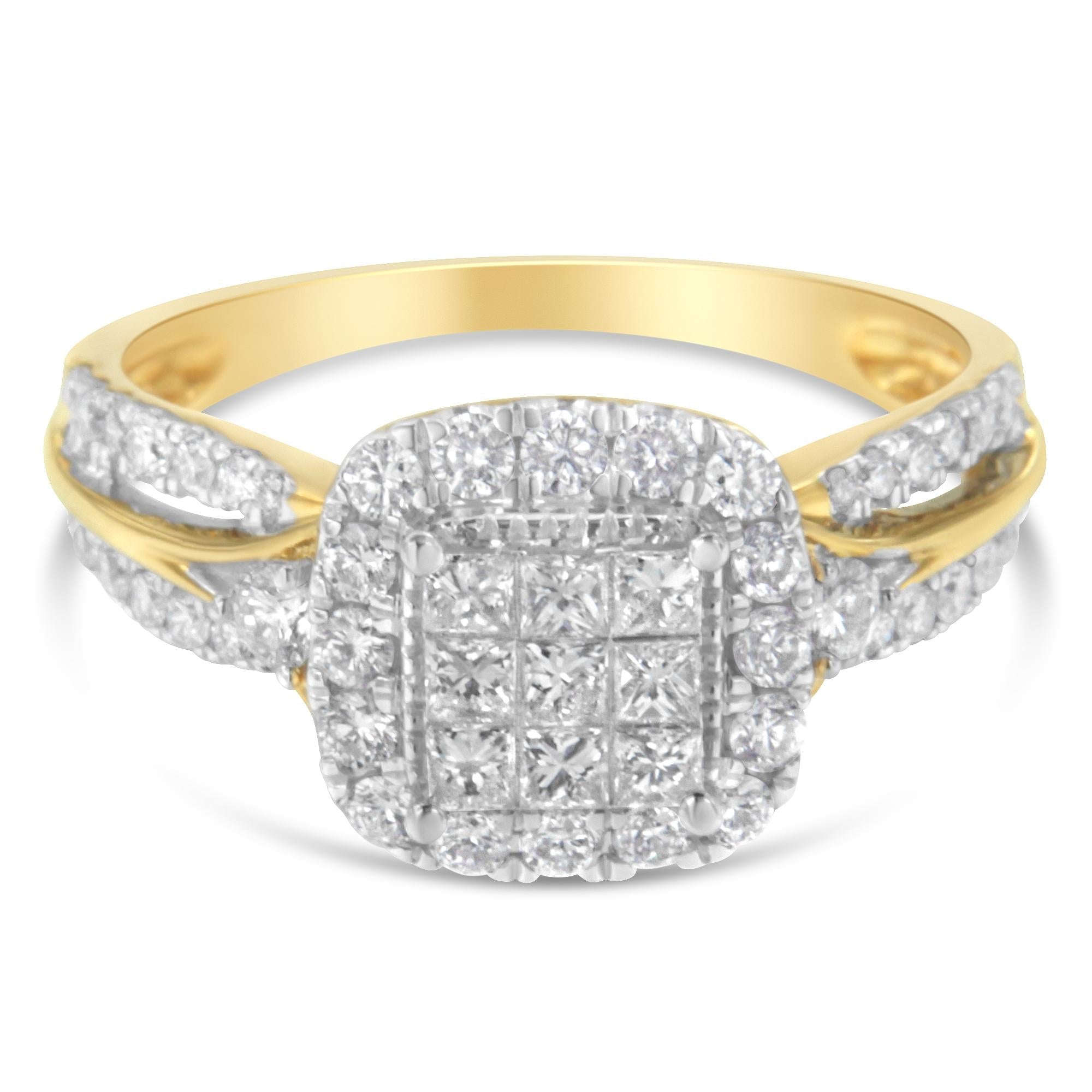 Anello di fidanzamento a 3 fasce con alone a forma di cuscino in oro giallo 10 carati con diamanti compositi da 1,0 ct (colore HI, purezza SI1-SI2) - Friggin Jewelry