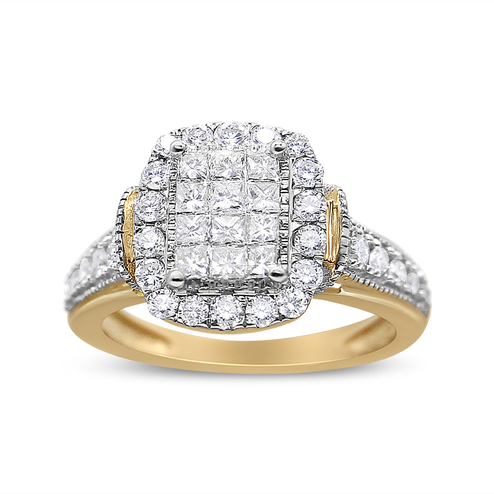 Anello in oro giallo e bianco 14 carati con diamanti taglio principessa e taglio rotondo da 1,00 ct (purezza SI1-SI2, colore HI) - Friggin Jewelry