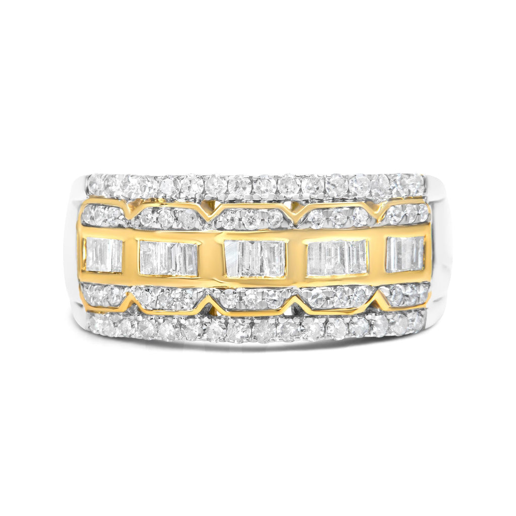 Anillo Art Déco de varias filas de diamantes de talla baguette y redonda de 1,00 ct en oro blanco y amarillo de 10 quilates (color IJ, claridad I1-I2) - Friggin Jewelry