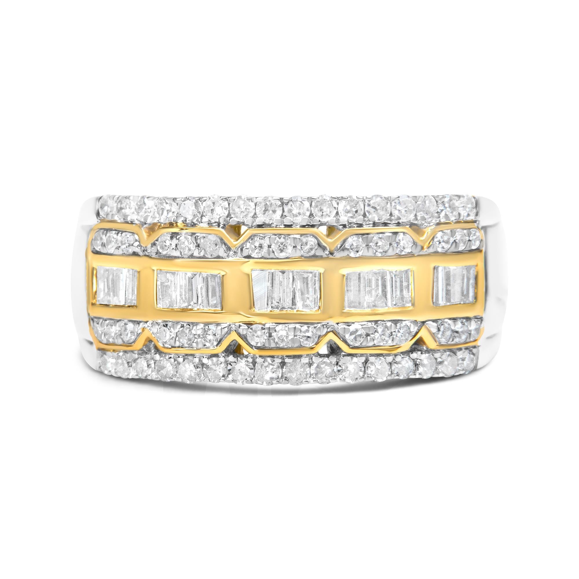 Anillo Art Déco de varias filas de diamantes de talla baguette y redonda de 1,00 ct en oro blanco y amarillo de 10 quilates (color IJ, claridad I1-I2) - Friggin Jewelry
