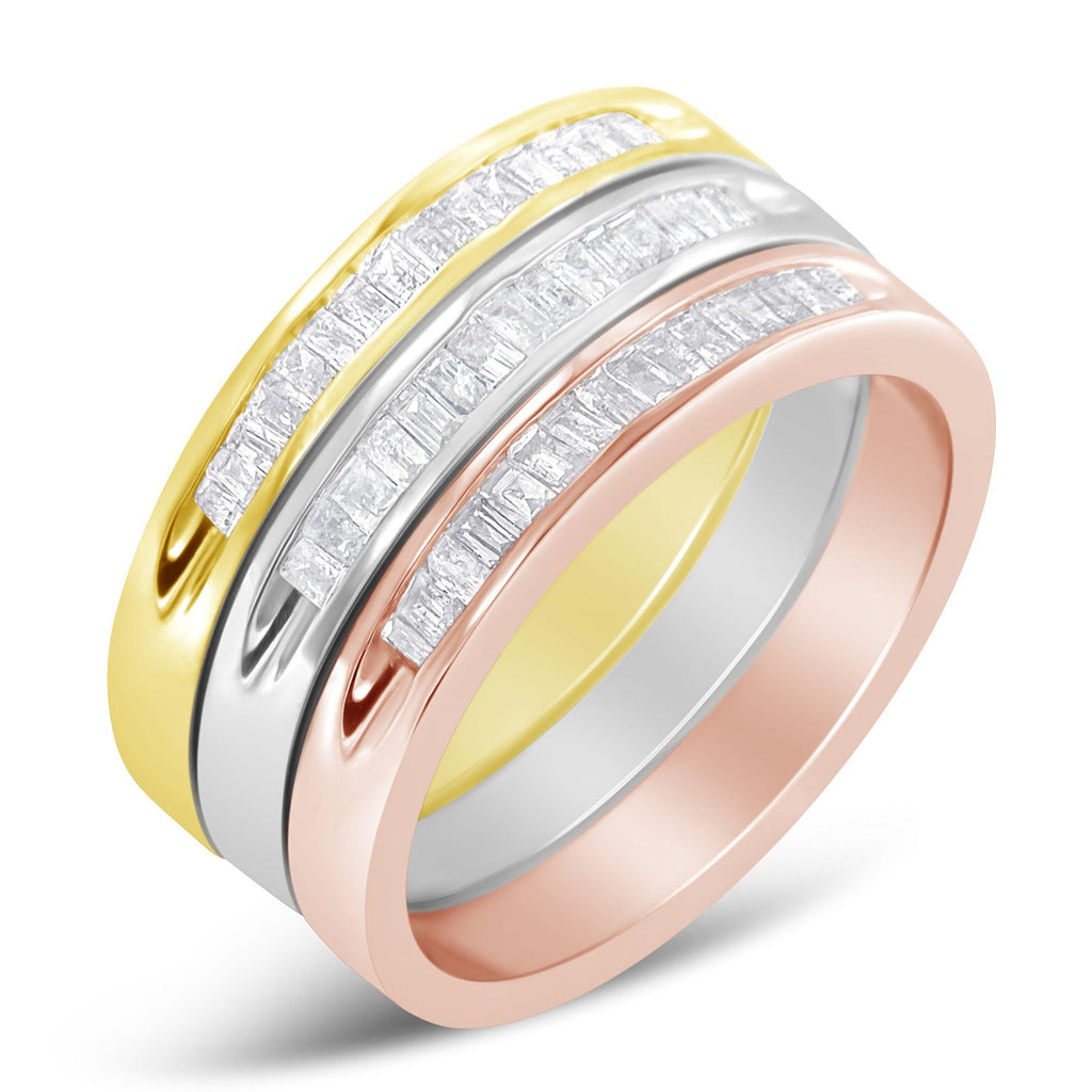 10K Yellow, White and Rose Gold over .925 Sterling Silver 5/8 Cttw Diamond Channel-Set Stackable Band Ring Set (H-I Color, I1-I2 Clarity) - Friggin Jewelry