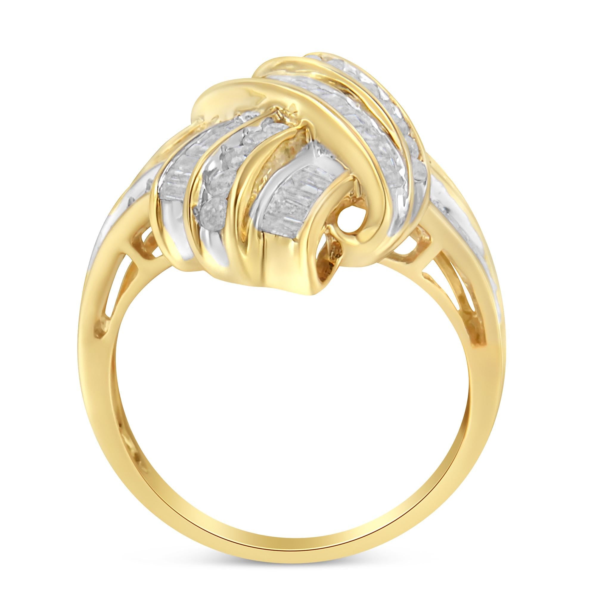 10K Yellow Gold Plated .925 Sterling Silver 1.0 Cttw Round & Baguette Diamond Knot Channel Statement Ring (I-J Color, I2-I3 Clarity) - Friggin Jewelry