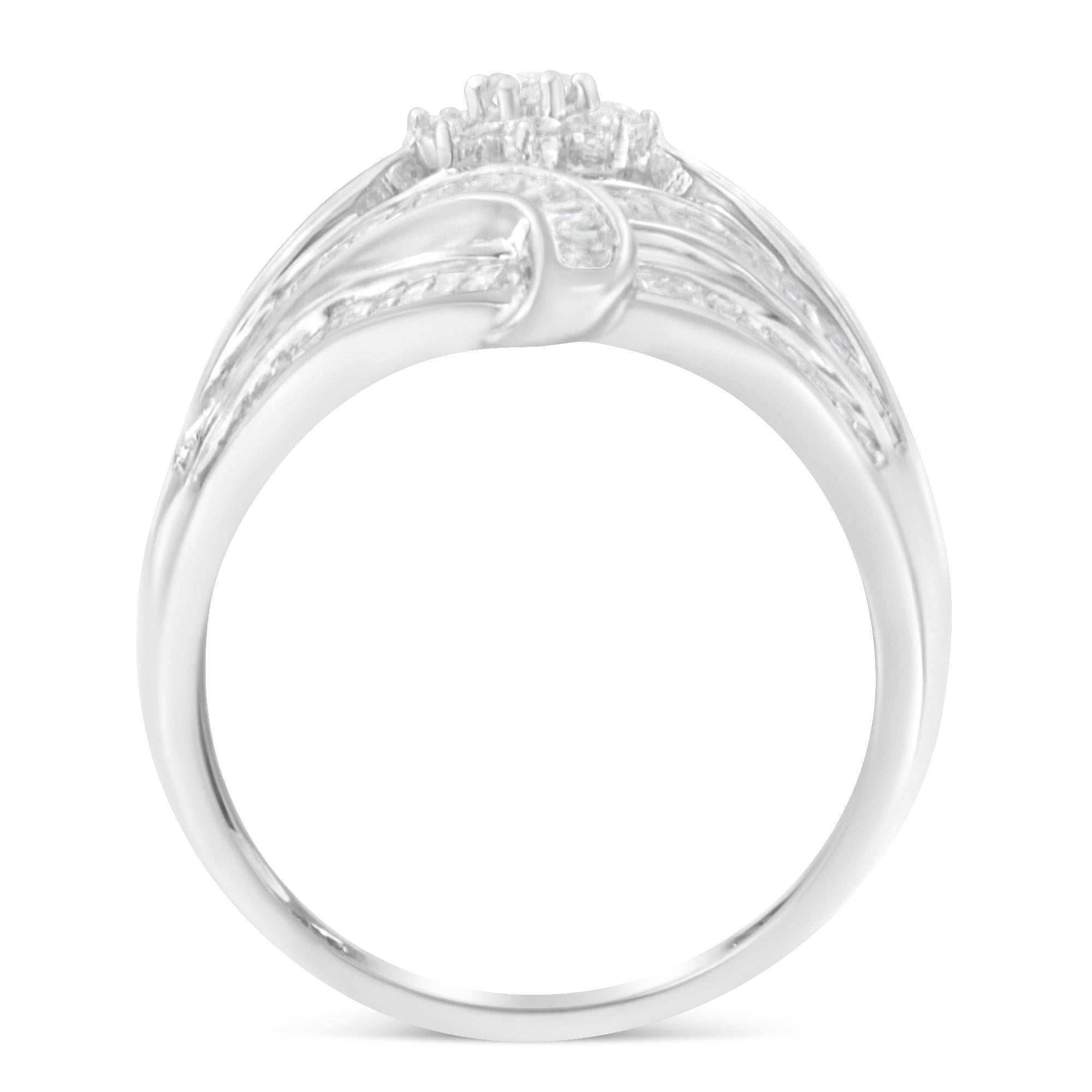 .925 Sterling Silver 1-1/8 Cttw Round & Baguette Diamond 'Flower & Fern' Cluster Cocktail Fashion Ring (I-J Color, I2-I3 Clarity) - Friggin Jewelry